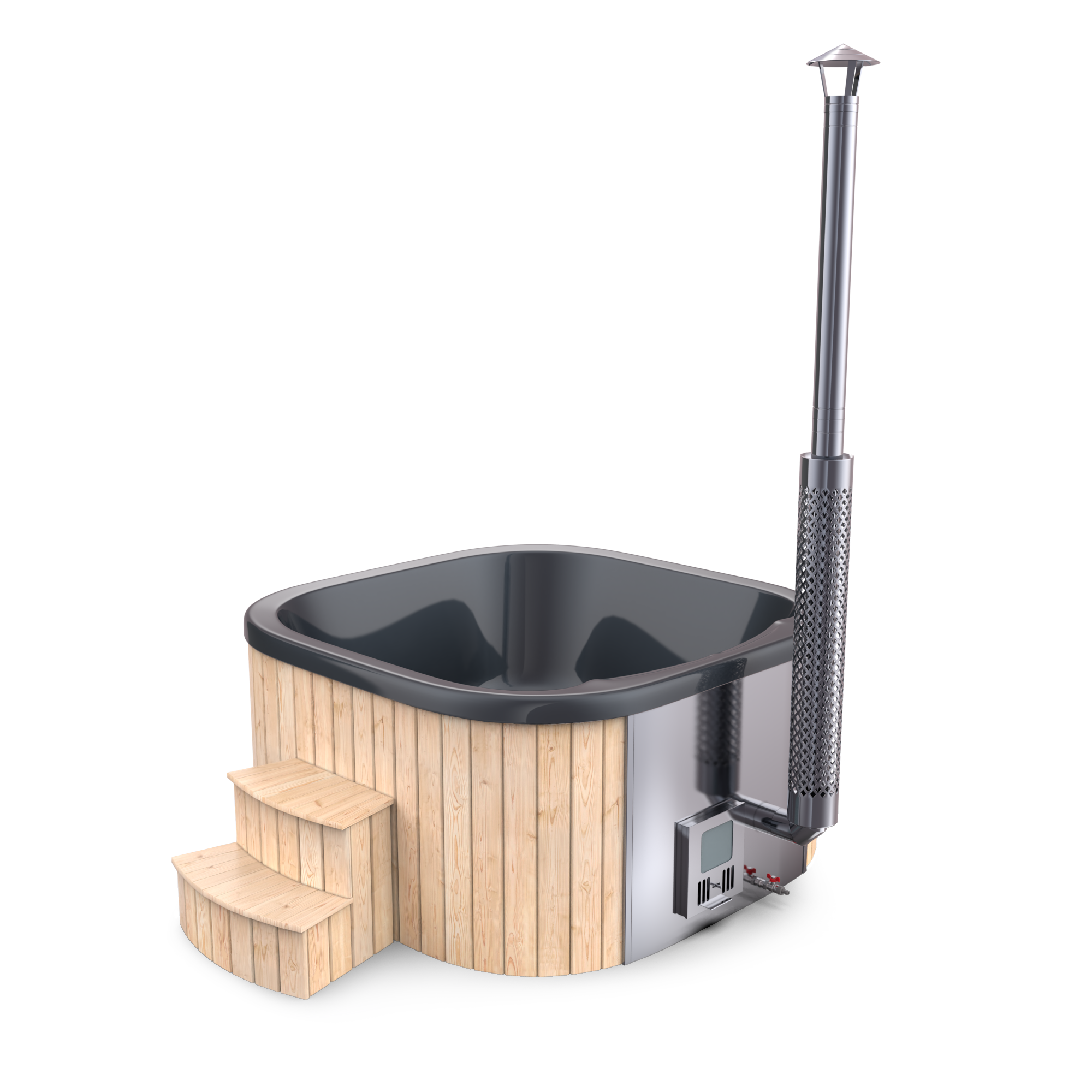 SPANOVA Hot Tub Premium 200 Quadratisch – Fichte Badefass mit integriertem Holzofen & Acrylwanne, Gold, V2A Edelstahlofen