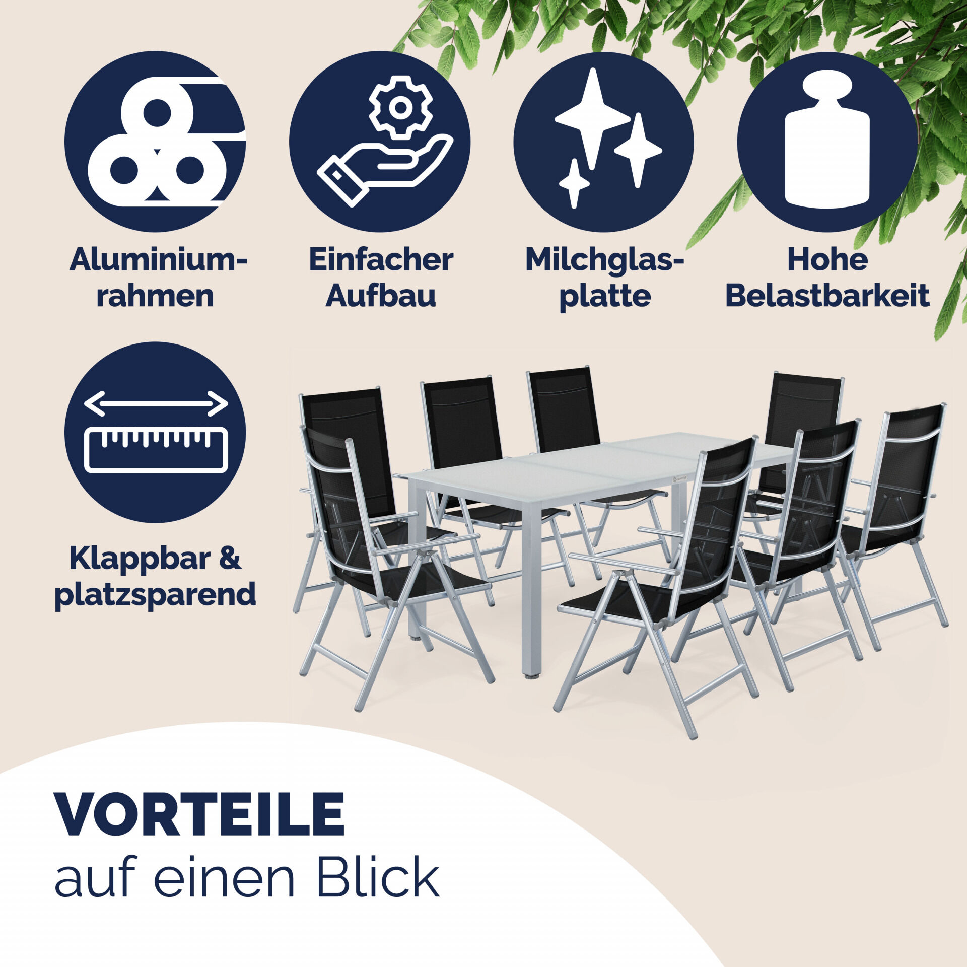 Gartensitzgruppe Bern 9-tlg 8 Personen Silber Alu Milchglas Glas