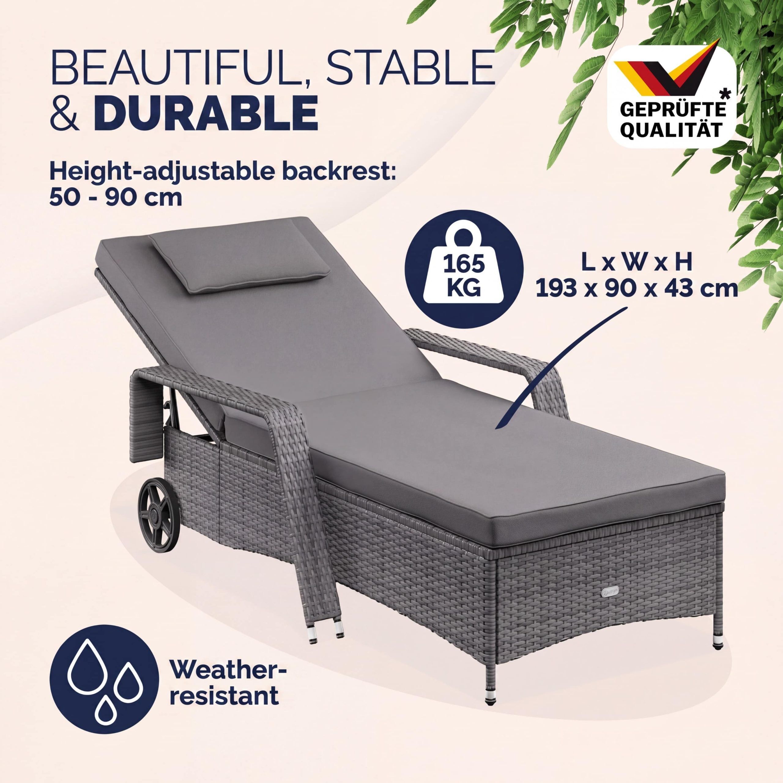 Polyrattan Gartenliege Grau/Anthrazit 193x90x43cm