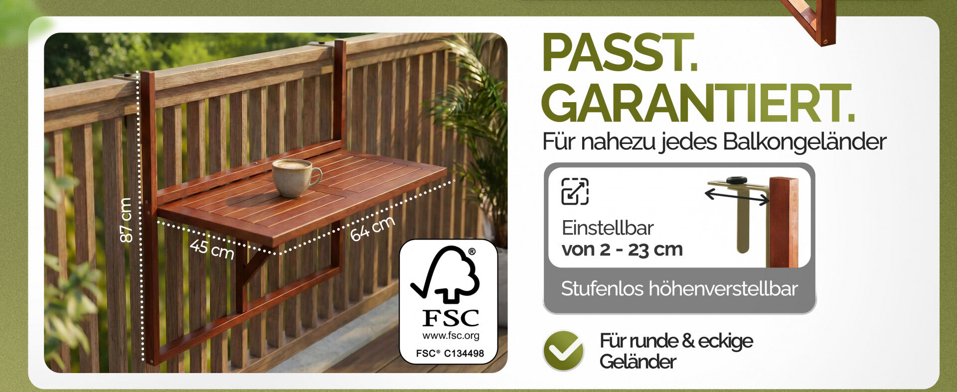 Balkonhängetisch Akazienholz 65x45x87cm FSC®-zertifiziert klappbar