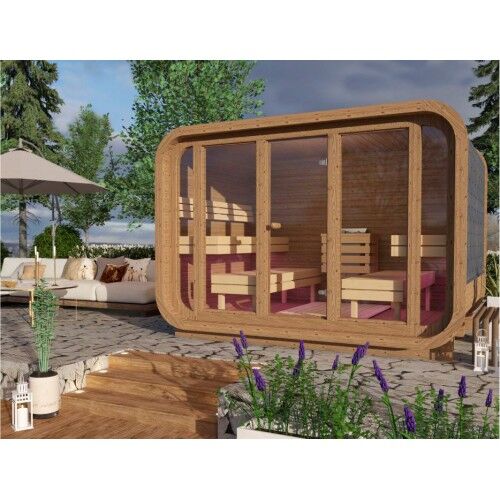 Fasssauna Premium Quadro 3x2,3 gerade Bänke frontale Ansicht mit Ambiente