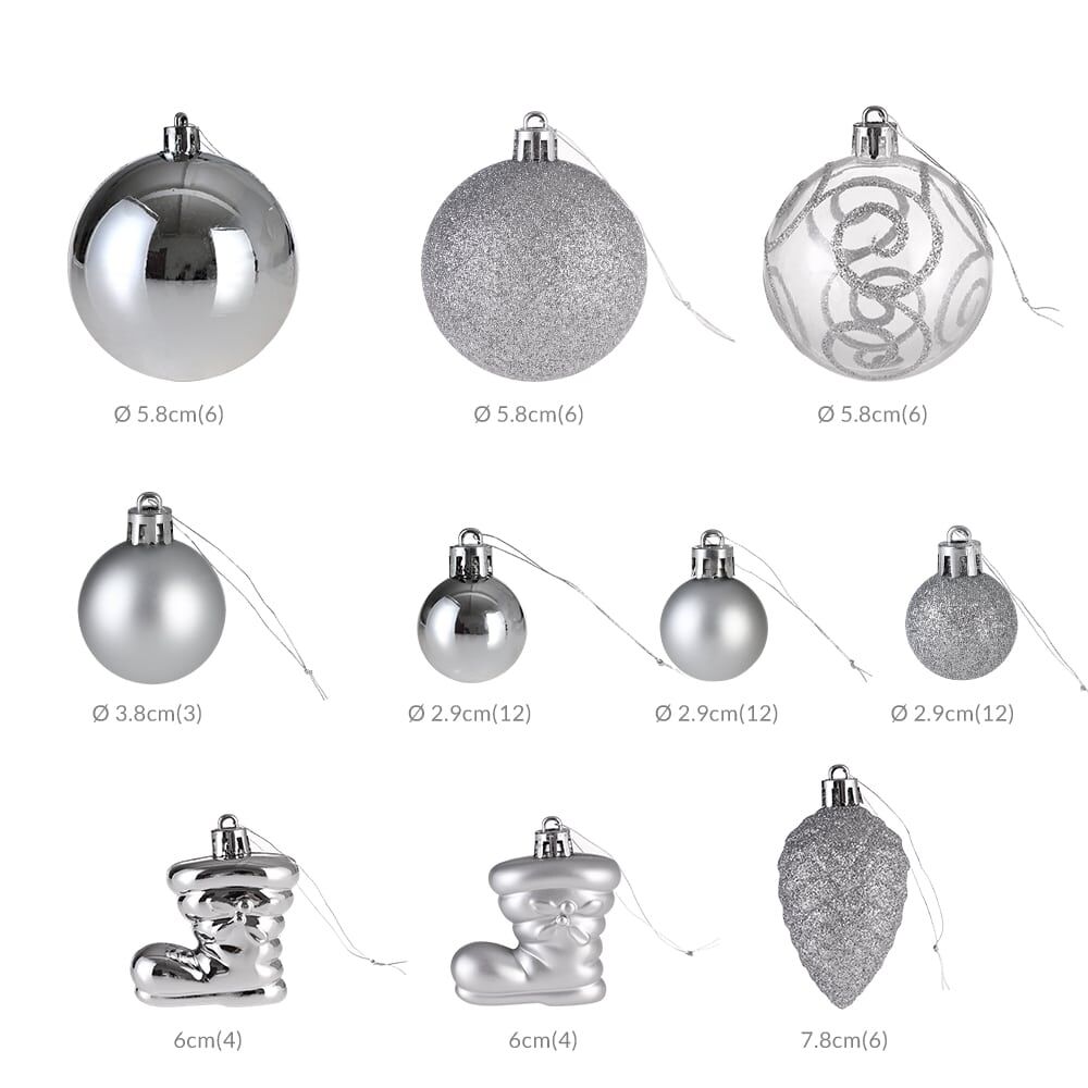 Weihnachtskugeln Silber 102-tlg in matt glänzend + glitzernd