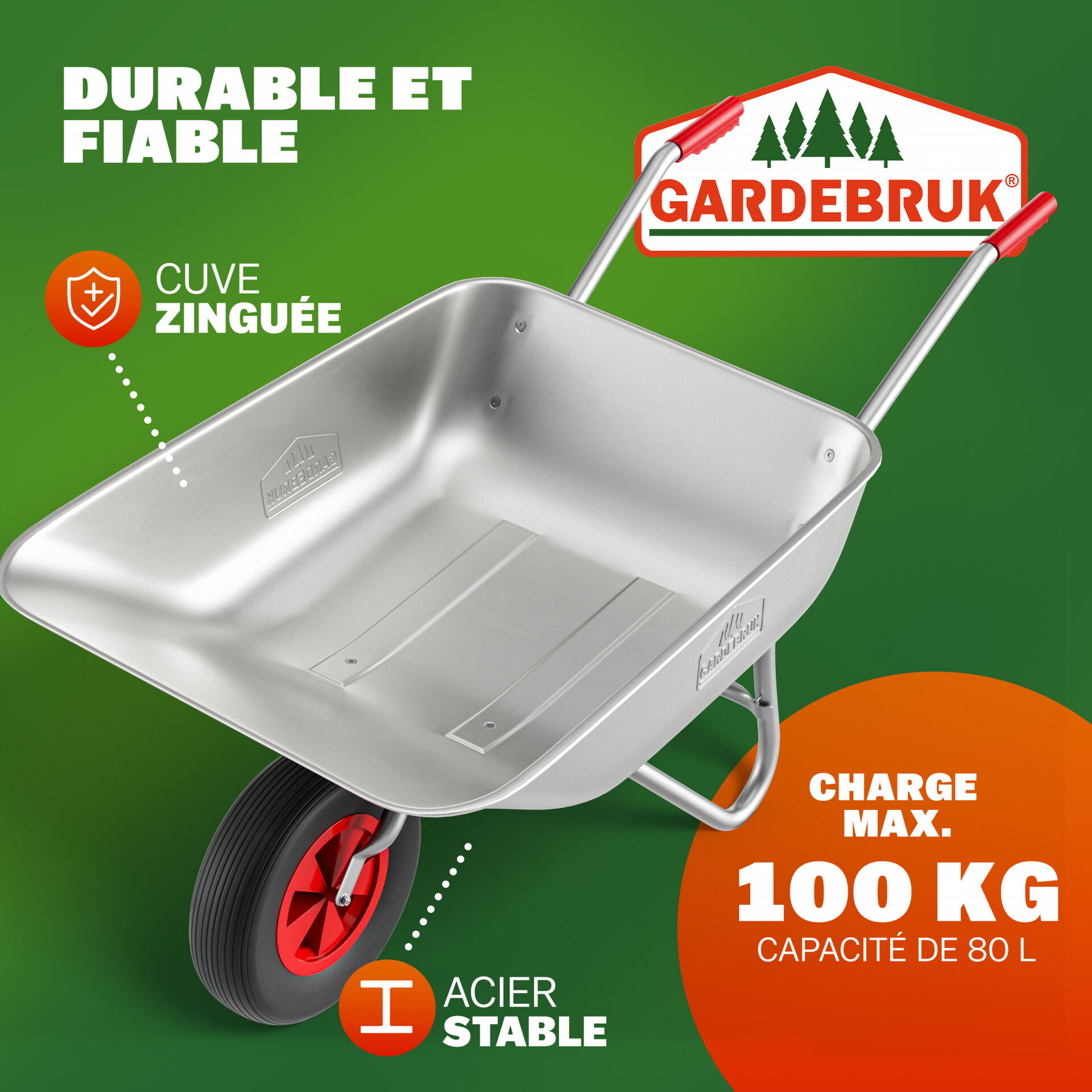 Schubkarre verzinkt 100kg Tragkraft 80L Luftreifen Ø32cm