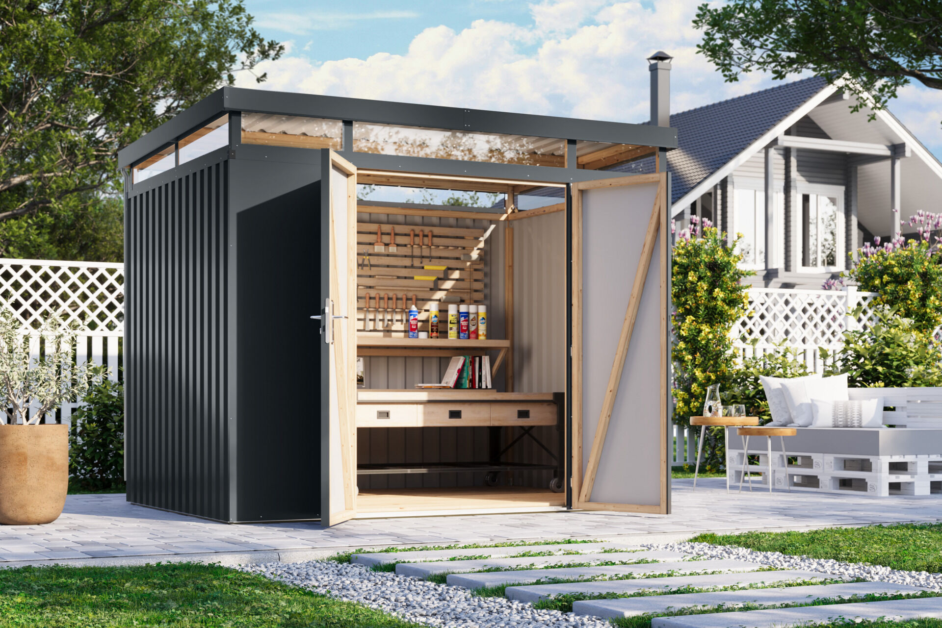 Karibu Flachdach Metall Gartenhaus Aurum 3, graualuminium