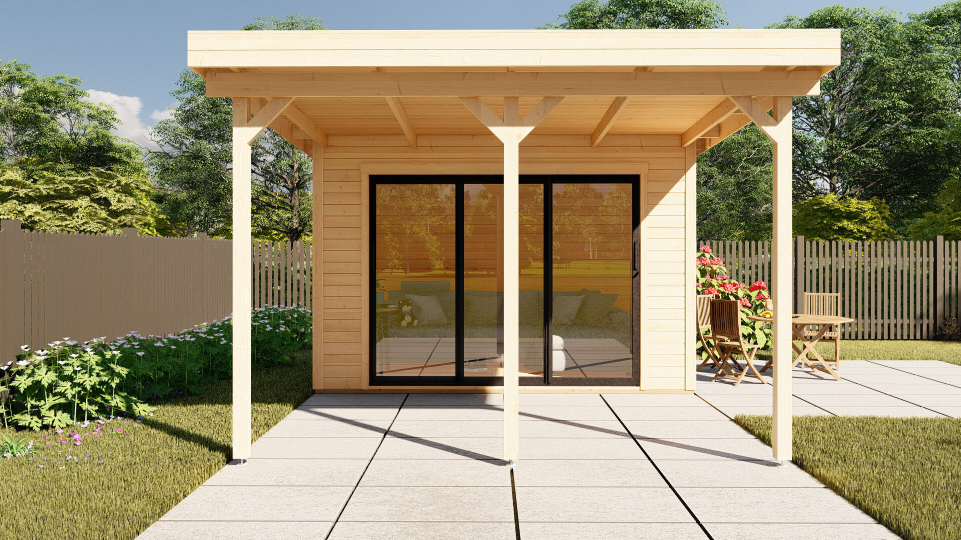 28 mm Flachdach Holz Gartenhaus Sydney 56 mit Schiebetür und Vordach