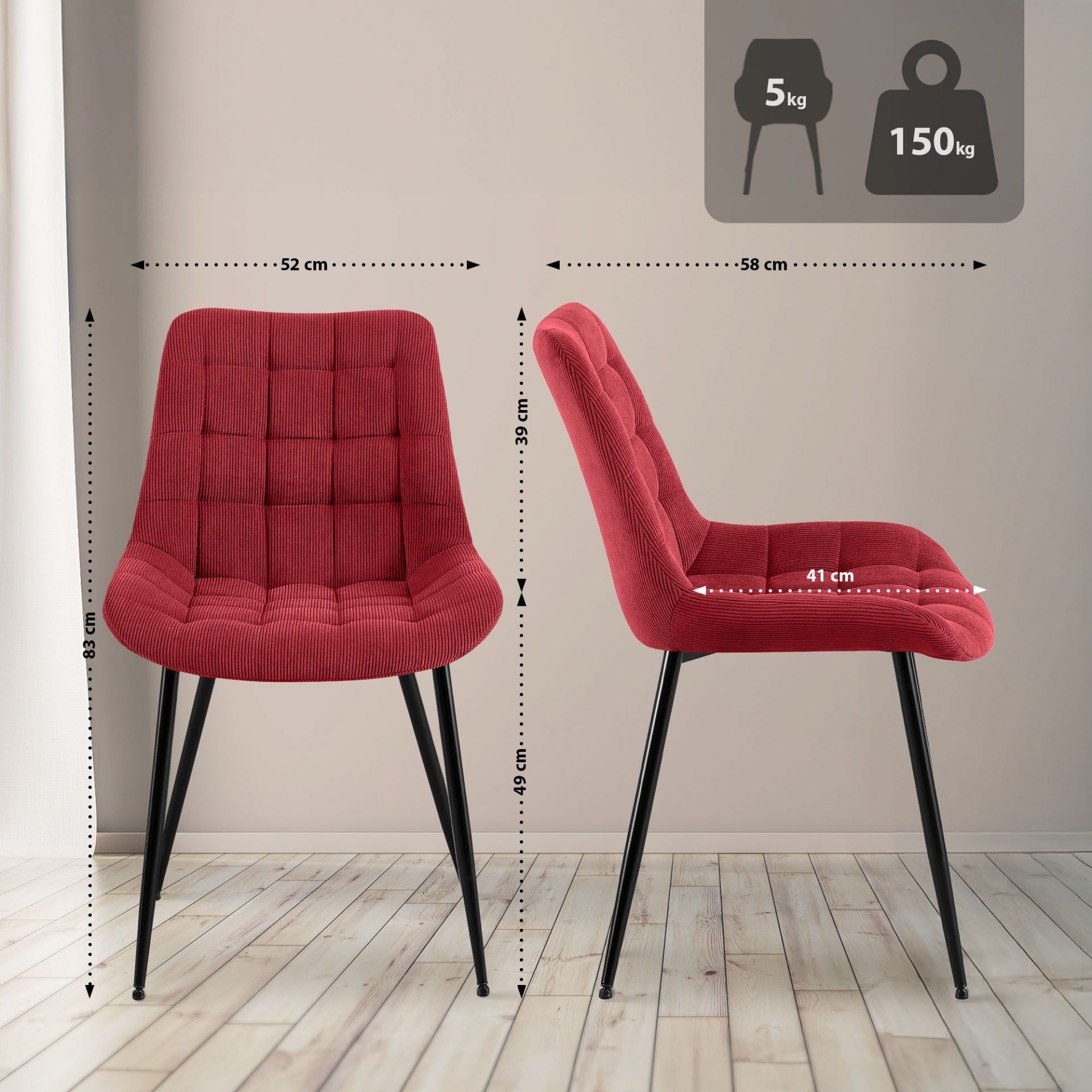 Esszimmerstuhl Sardna Cord, bordeauxrot