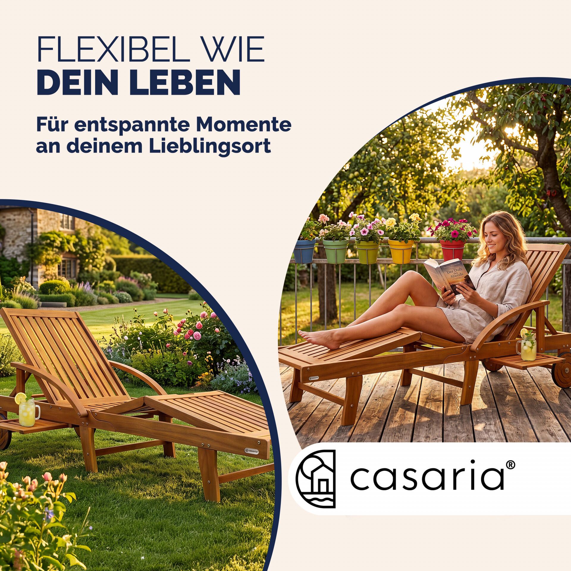 Gartenliege klappbar verstellbar Akazienholz mit Ausziehtisch Rollen