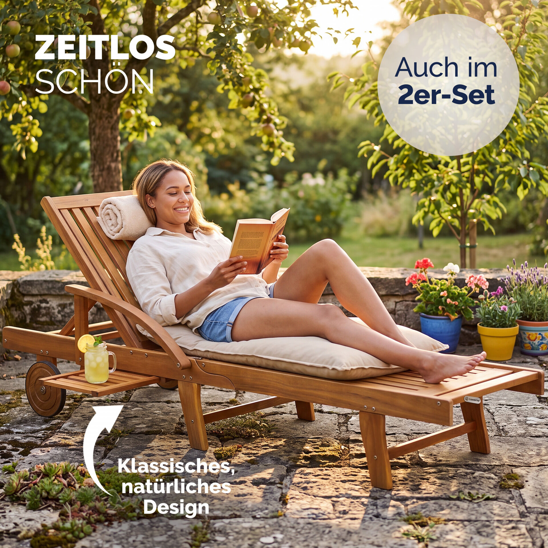 Gartenliege klappbar verstellbar Akazienholz mit Ausziehtisch Rollen