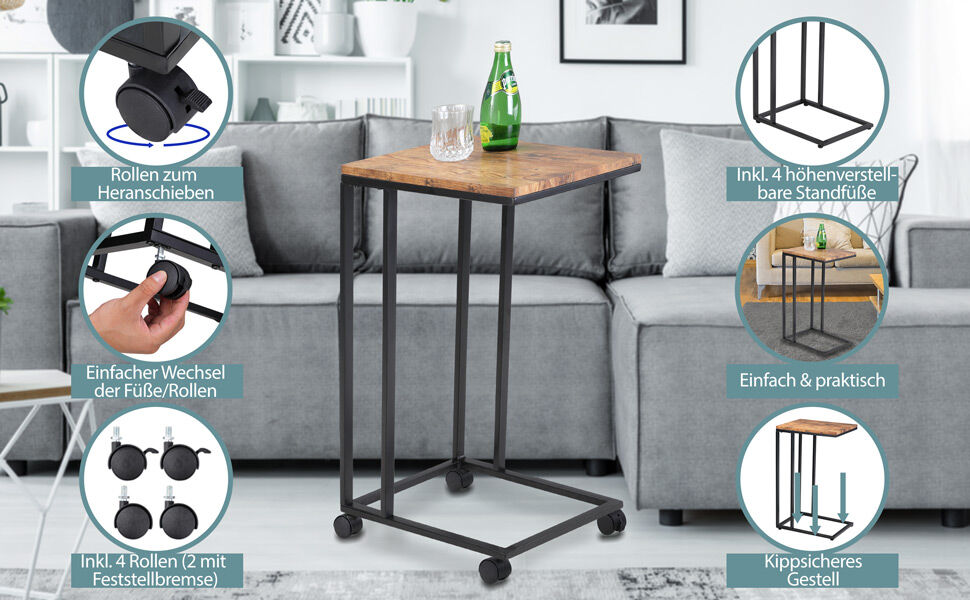 Beistelltisch Schwarz 50x35x65/70cm mit Rollen