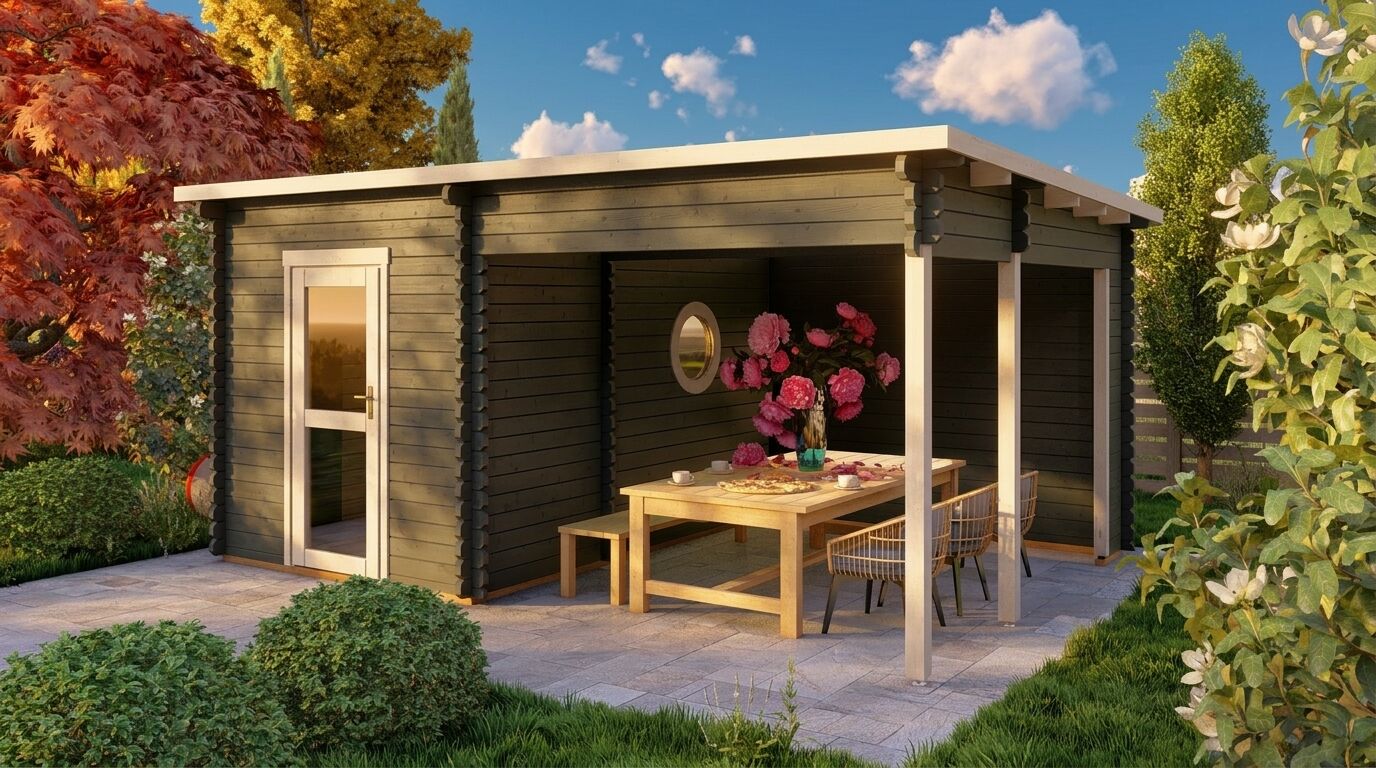 Saunahaus Trontheim 1 Plus – 510 x 360cm mit Terrassenanbau und Vorraum