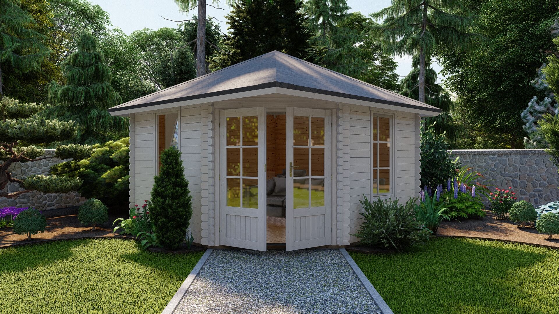 5-Eck Gartenhaus aus Holz mit Blockbohlen-Bauweise im Garten