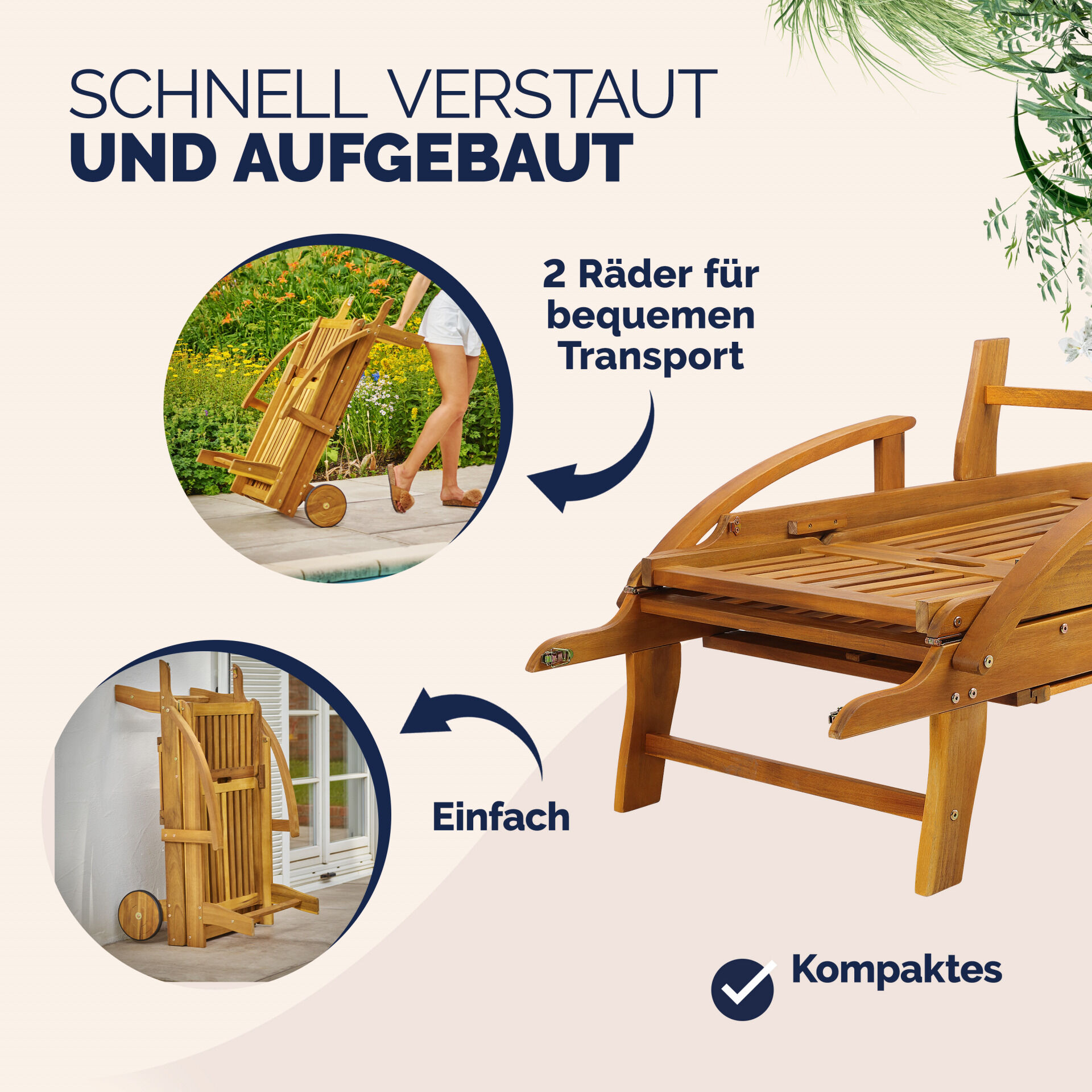 Gartenliege klappbar verstellbar Akazienholz mit Ausziehtisch Rollen