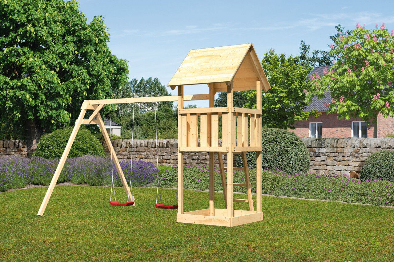 Kinderspielturm Lotti SET natur mit Schaukelanbau Doppel