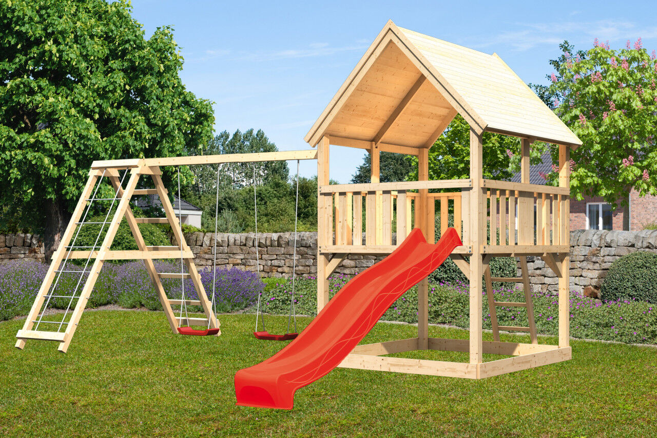 Spielturm Luis Satteldach SET natur mit Doppelschaukel Klettergerüst und Rutsche rot