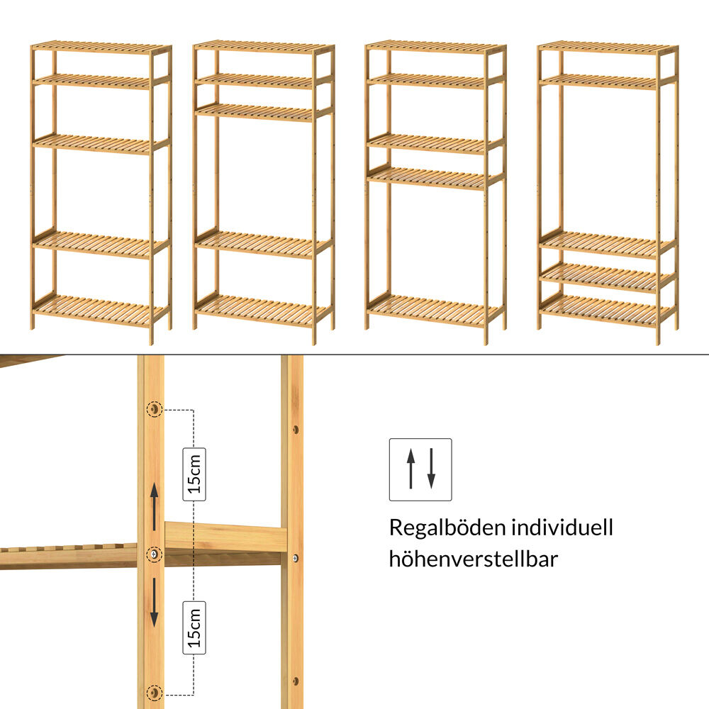 Standregal Badregal Bambus 130x60x26cm Ablagen höhenverstellbar