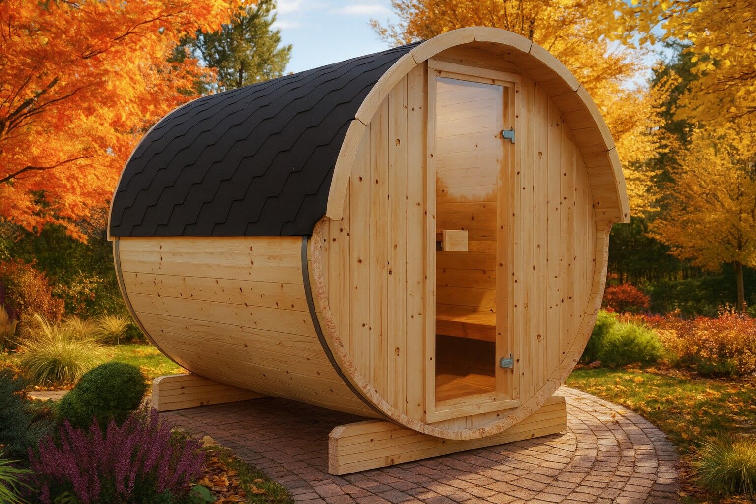 Spanova Fasssauna Elva für Holzofen im herbstlichen Garten