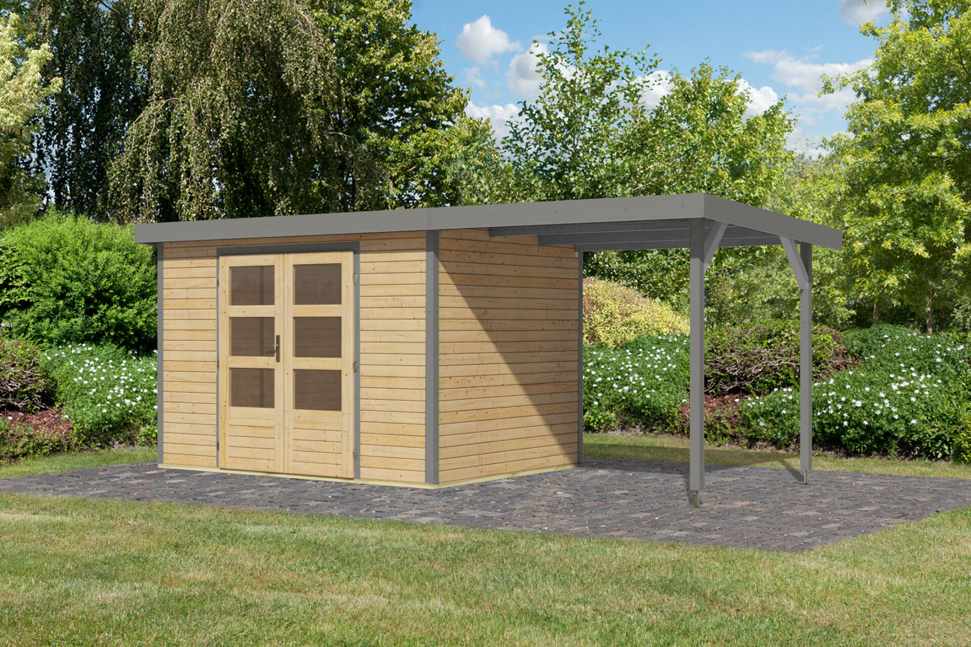 Karibu Pultdach Holz & Metall Gartenhaus Jupiter 4 Set mit Anbaudach 2,35 m, naturbelassen / graualuminium