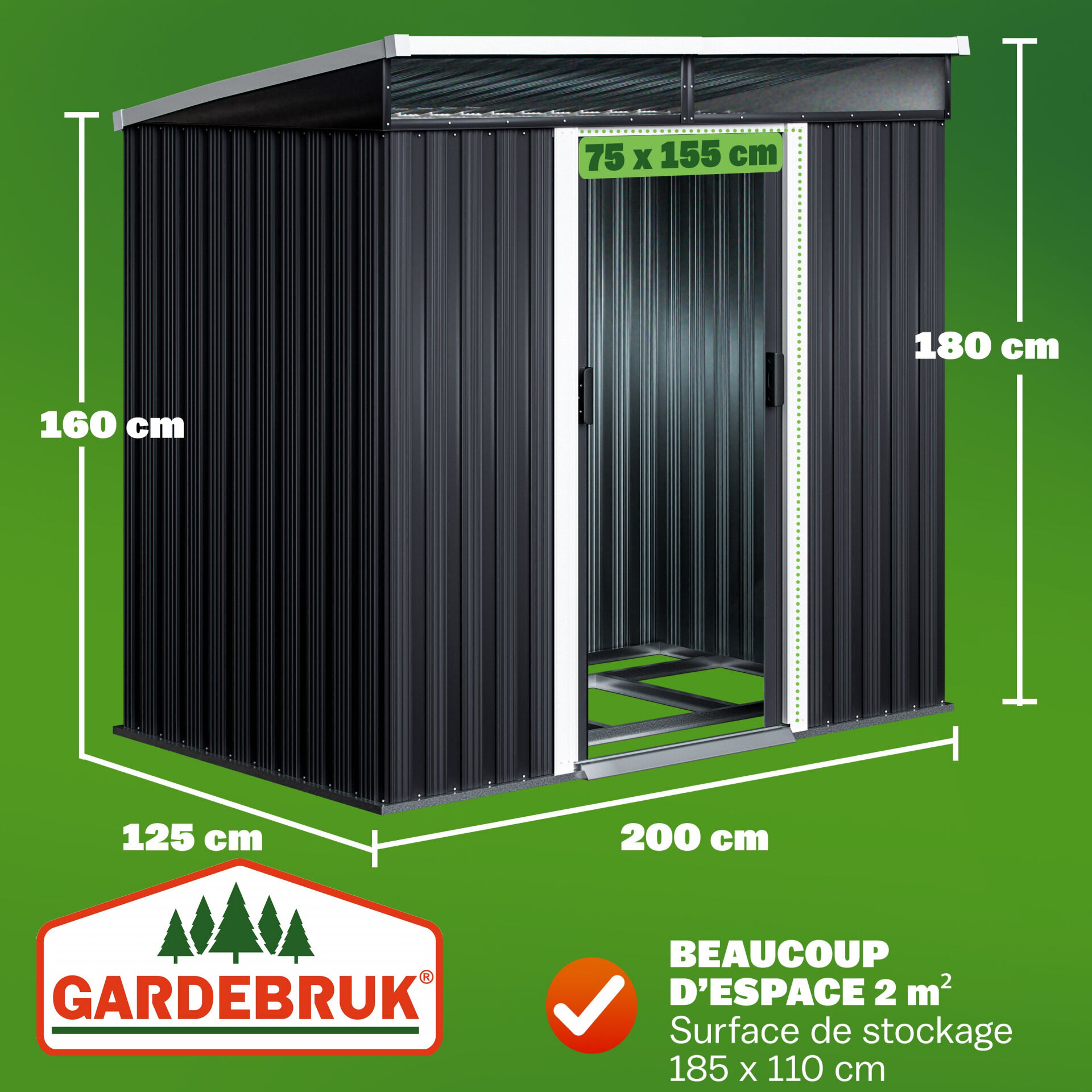 Geräteschuppen Anthrazit 200x125x180cm Schiebetür 2 Fenster 4 Haken
