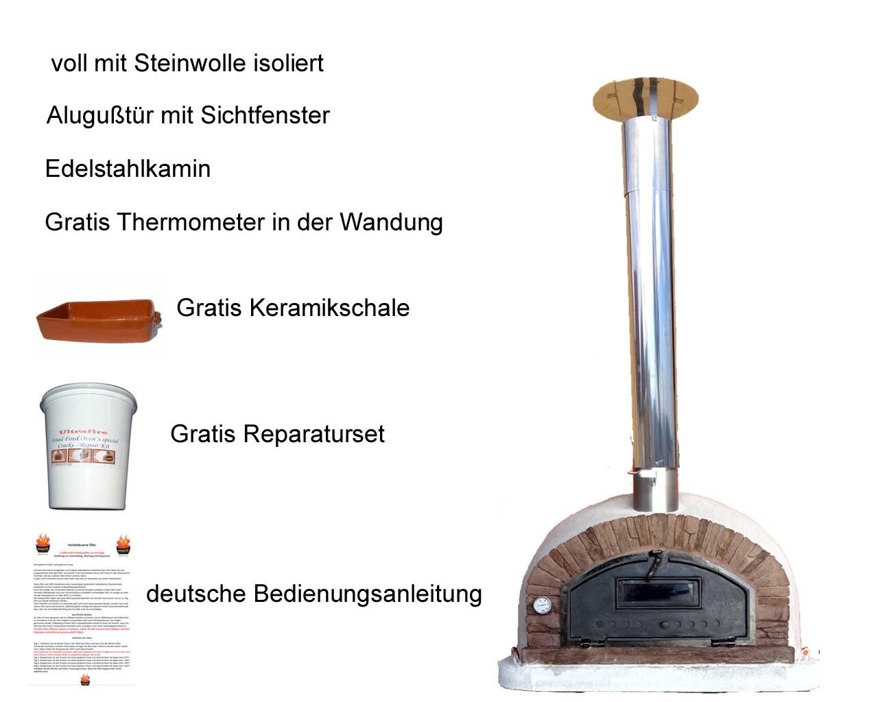Pizzaofen Buenaventura AL 100 inkl. Kaminrohr und Regenhut aus Edelstahl, rot, ohne Abdeckhaube, ohne Ofenzubehör, ohne Zubehörset, ohne Grillzubehör, ohne fahrbares Gestell