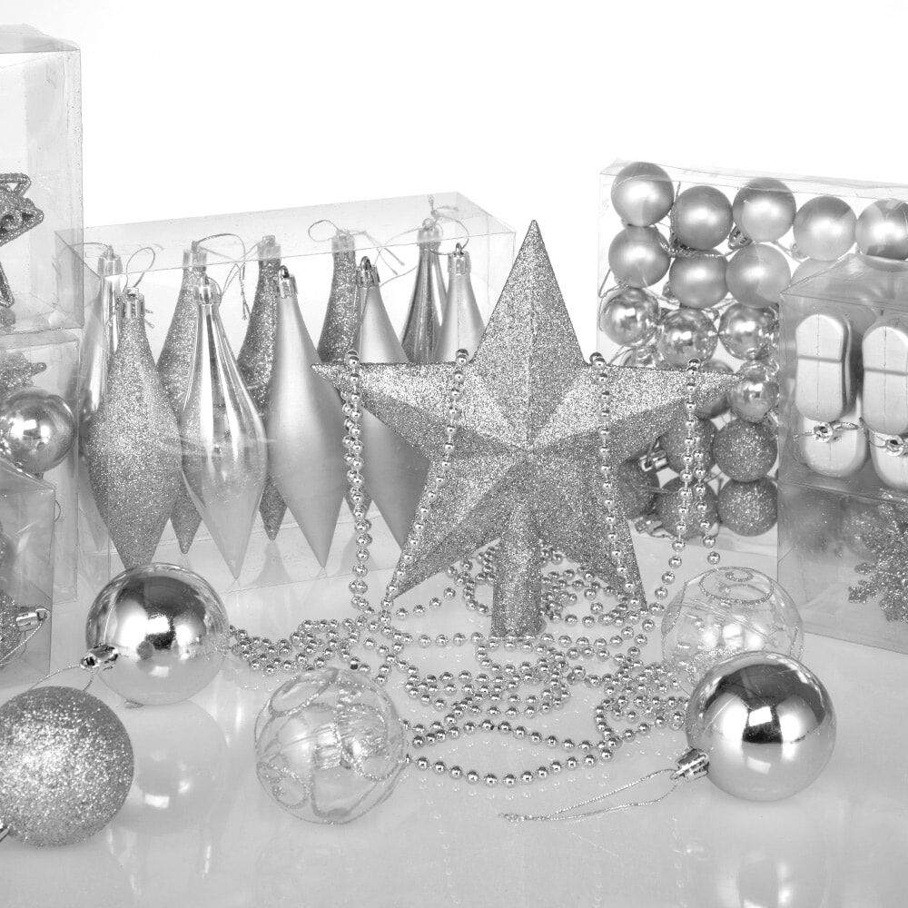 Weihnachtskugeln Silber 102-tlg in matt glänzend + glitzernd
