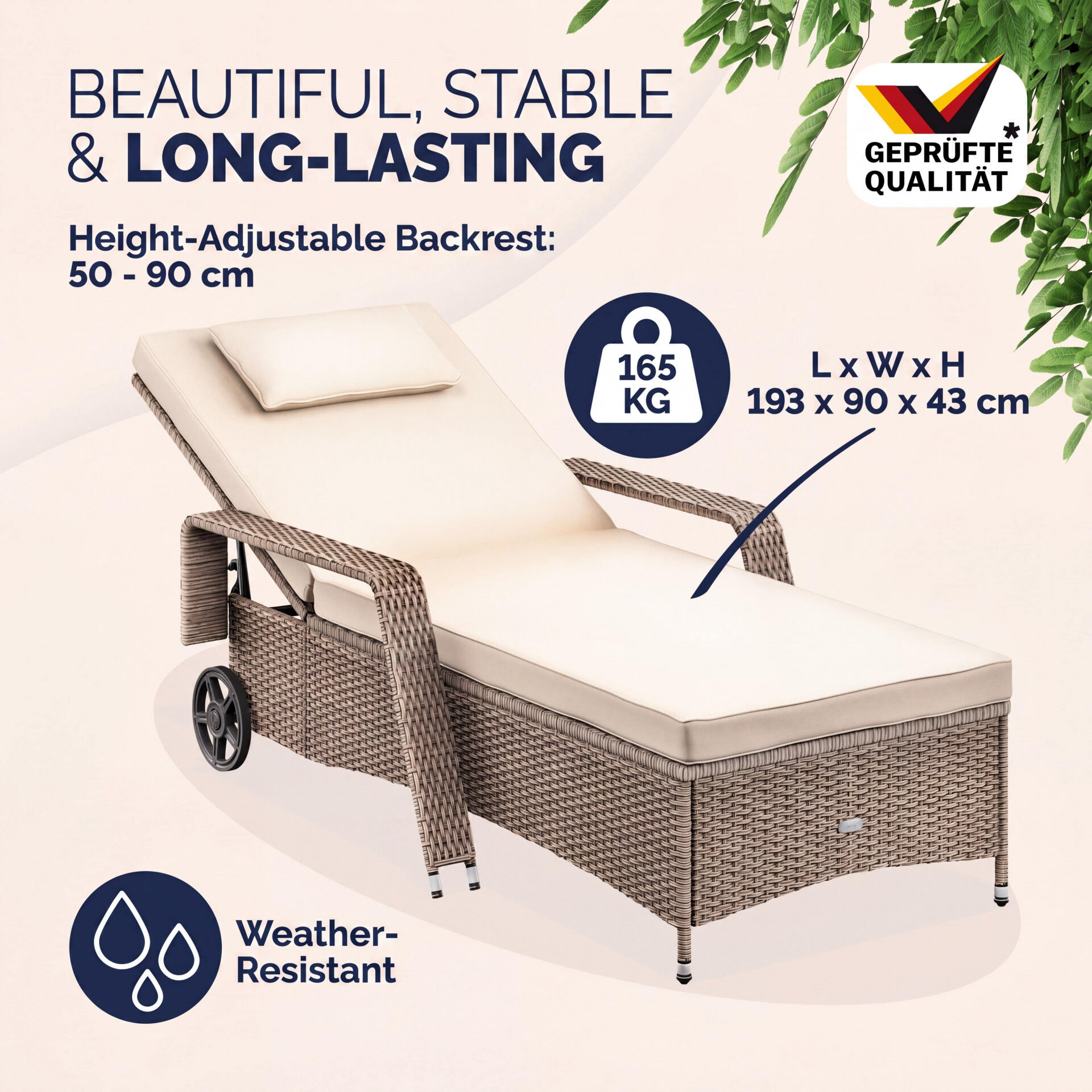 Polyrattan Gartenliege Creme/Creme 193x90x43cm