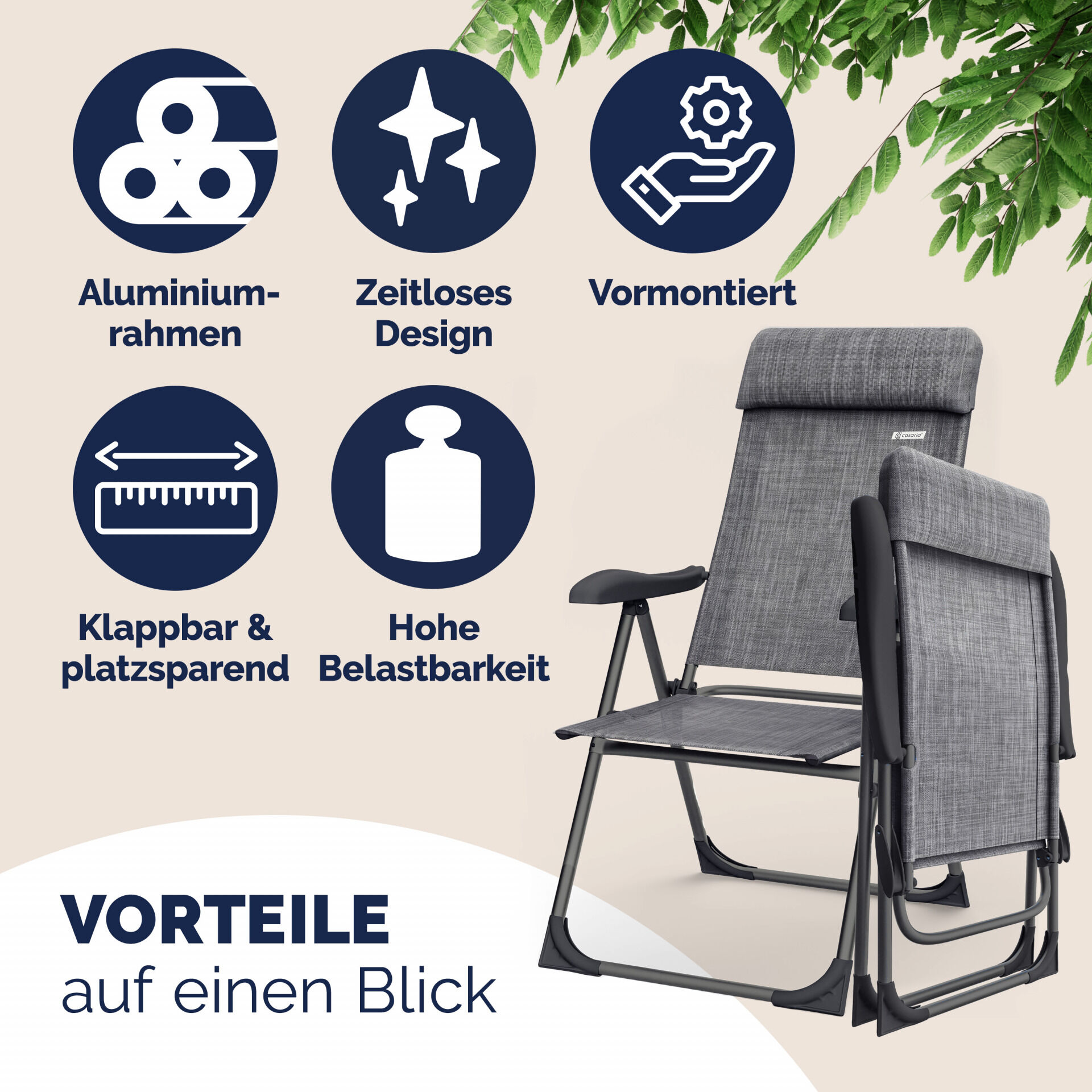 Gartenstuhl klappbar 4er-Set Grau meliert Alu Hochlehner verstellbar
