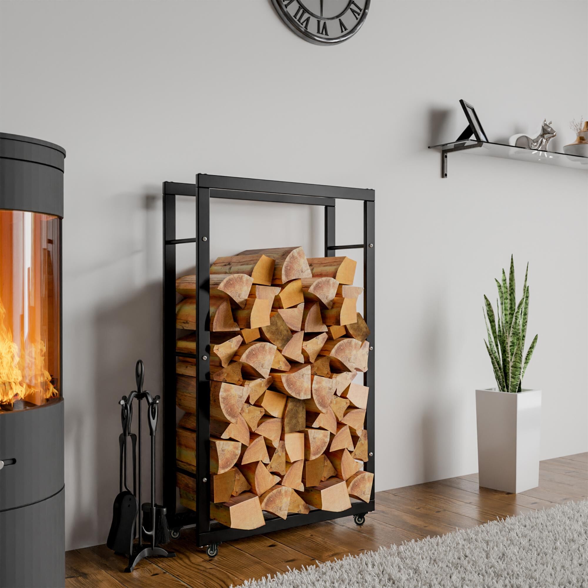 Kaminholzständer Keri mit Rollen 25x60x125, schwarz