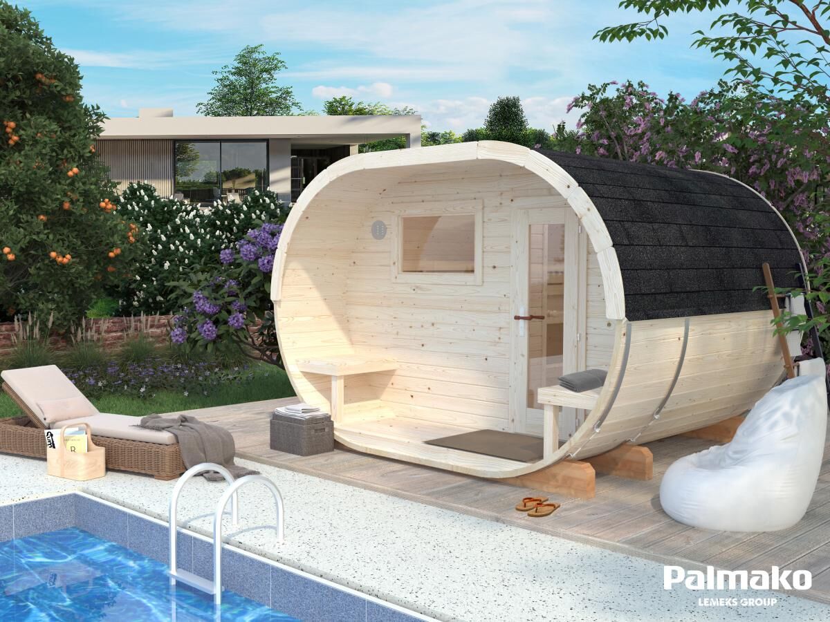 Palmako Fasssauna Anette im Garten am Pool
