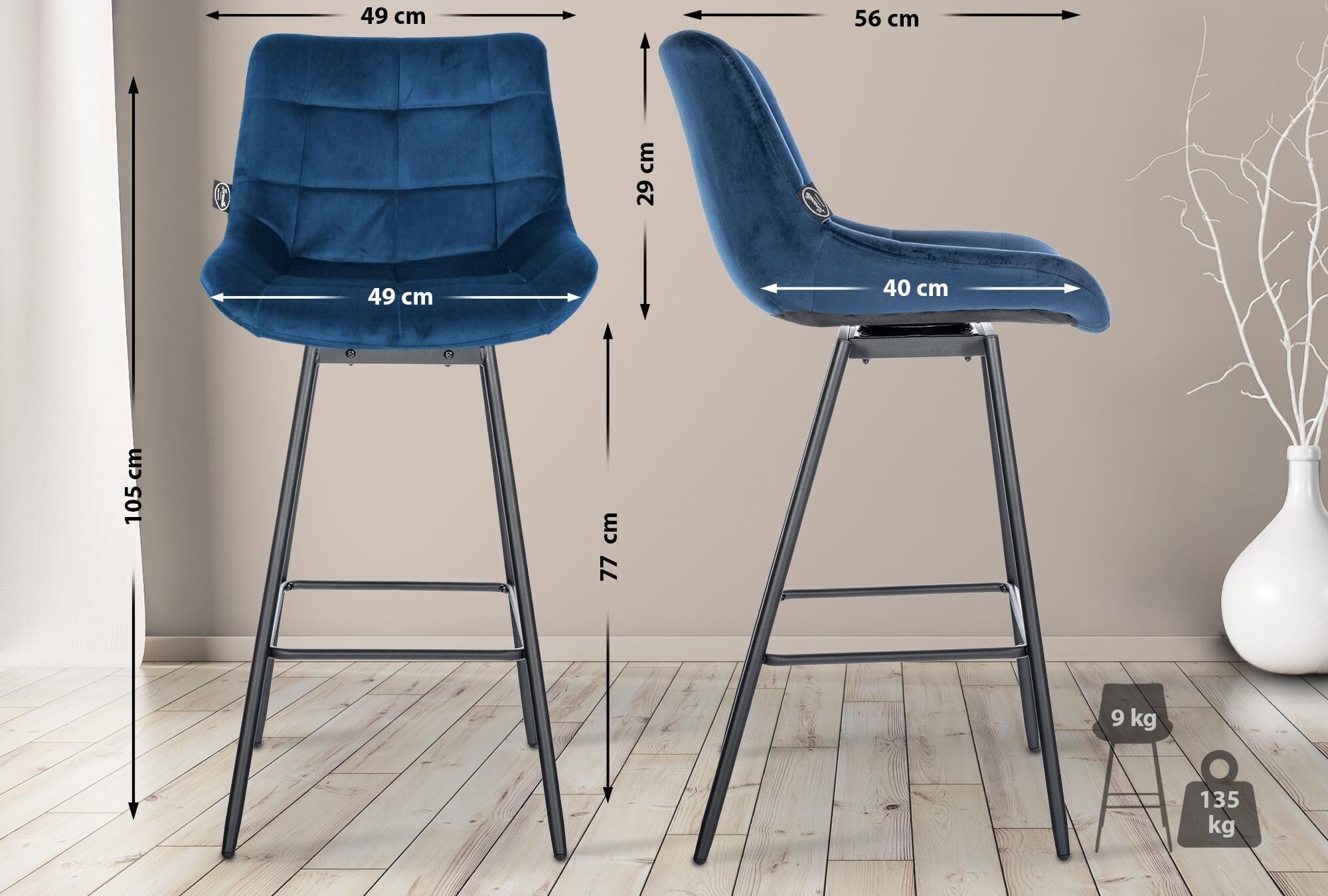 Barhocker Weston Schwenkbar Samt, blau