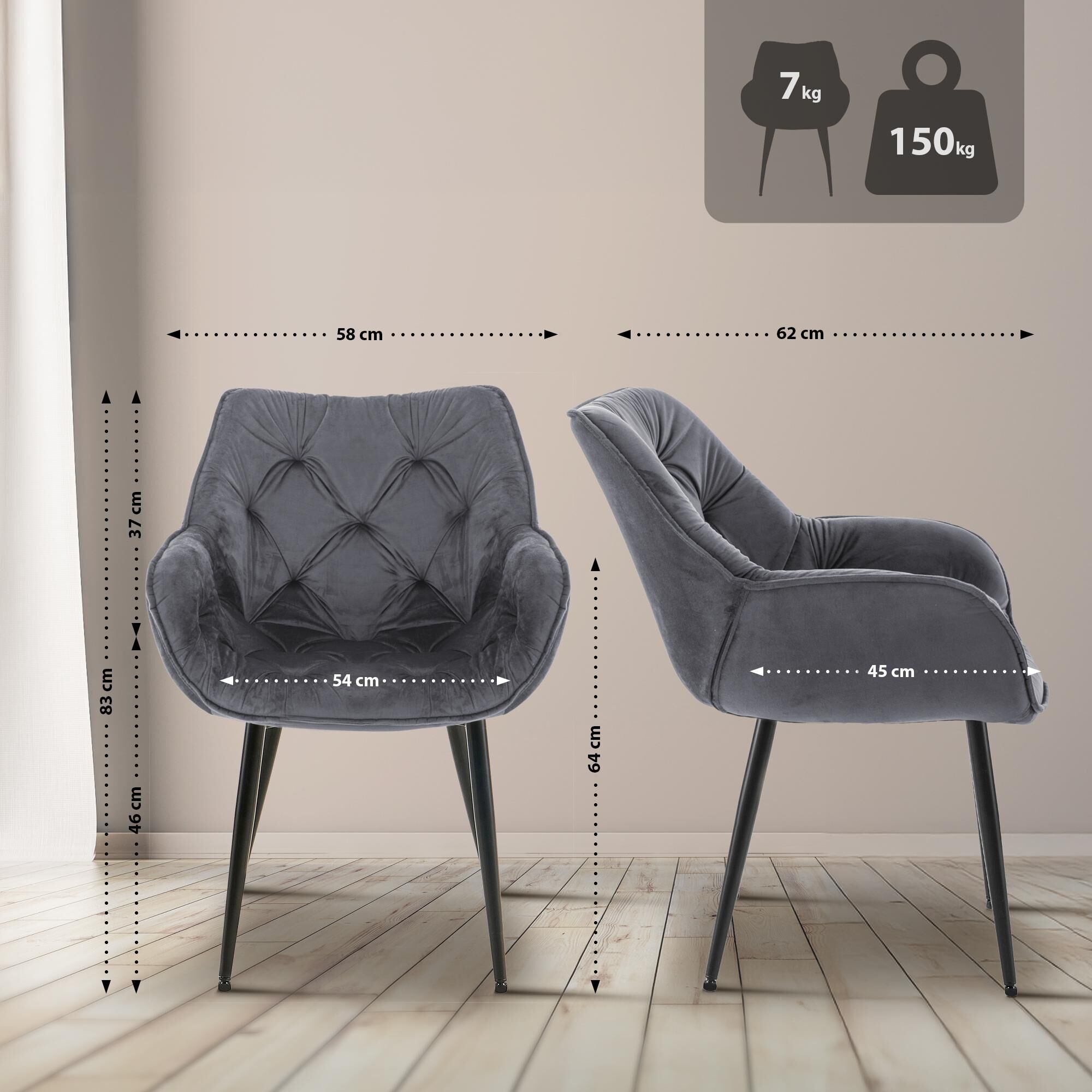 4er Set Stuhl Tanna Samt, dunkelgrau