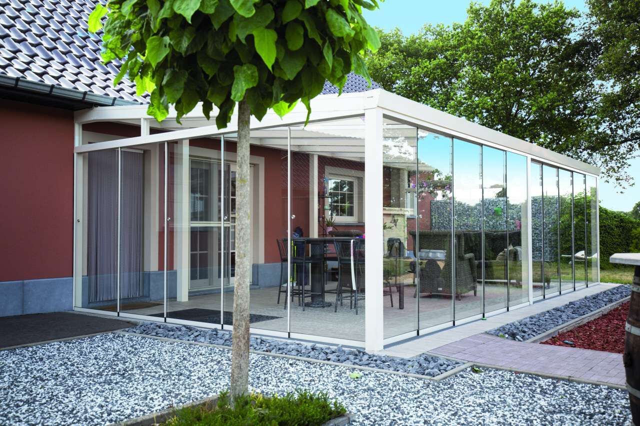 Gartenzimmer mit Glasschiebewänden und Glas Dacheindeckung, 300, 250, grau