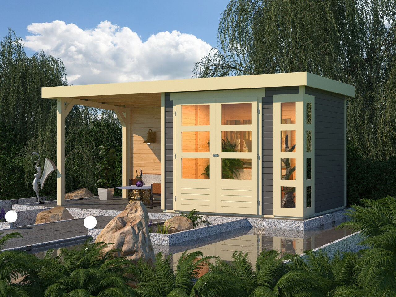 Flachdach Gartenhaus Kerko 3 im Set mit Anbaudach 2,40 m und 19 mm und Rückwand terragrau