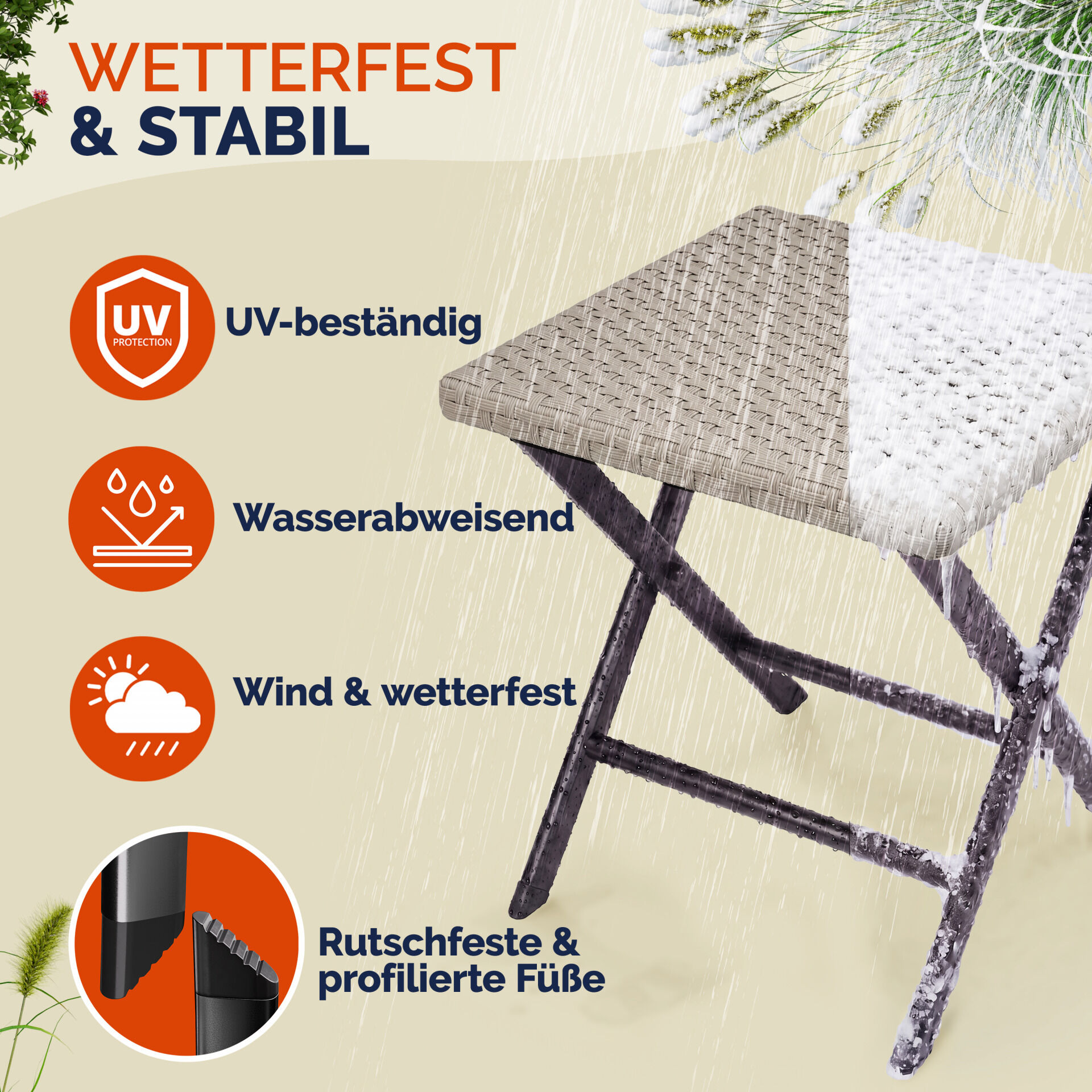Polyrattan Klapphocker Creme 3in1 120kg Belastbarkeit 43x40x44cm klappbar leicht tragbar außen wetterfest