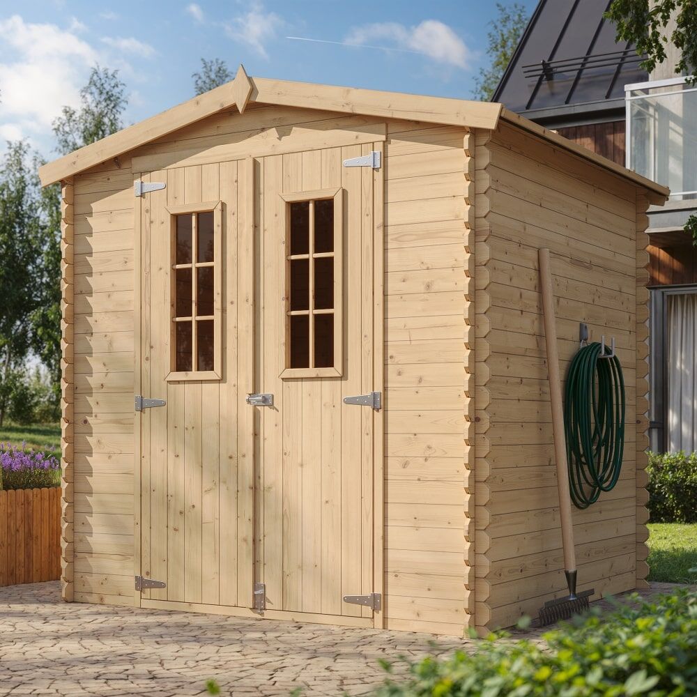 Gartenhaus Paul M343C frontale und seitlich Ansicht rechts mit Ambiente