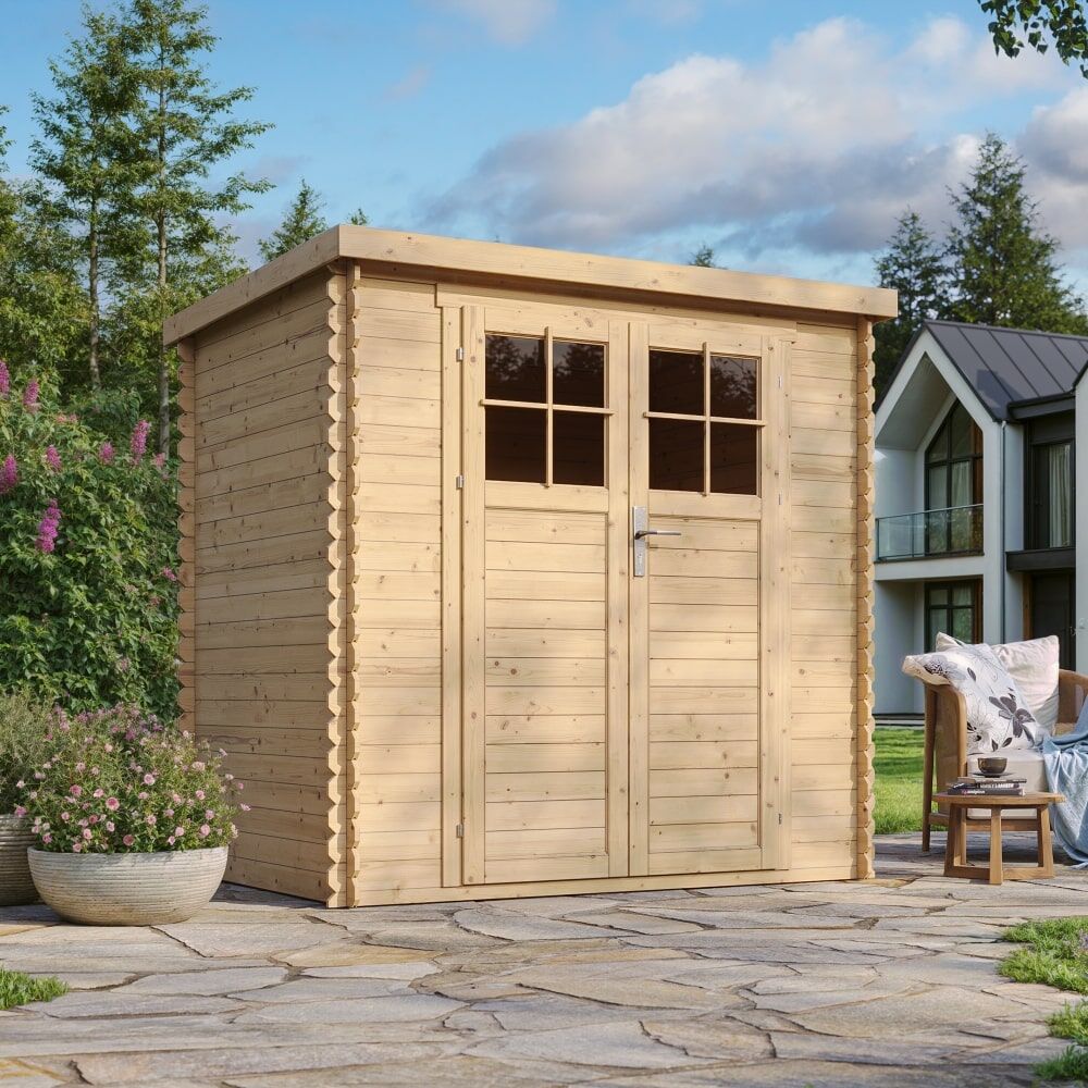 Gartenhaus Benno M311F frontale und seitliche Ansicht links mit Ambiente