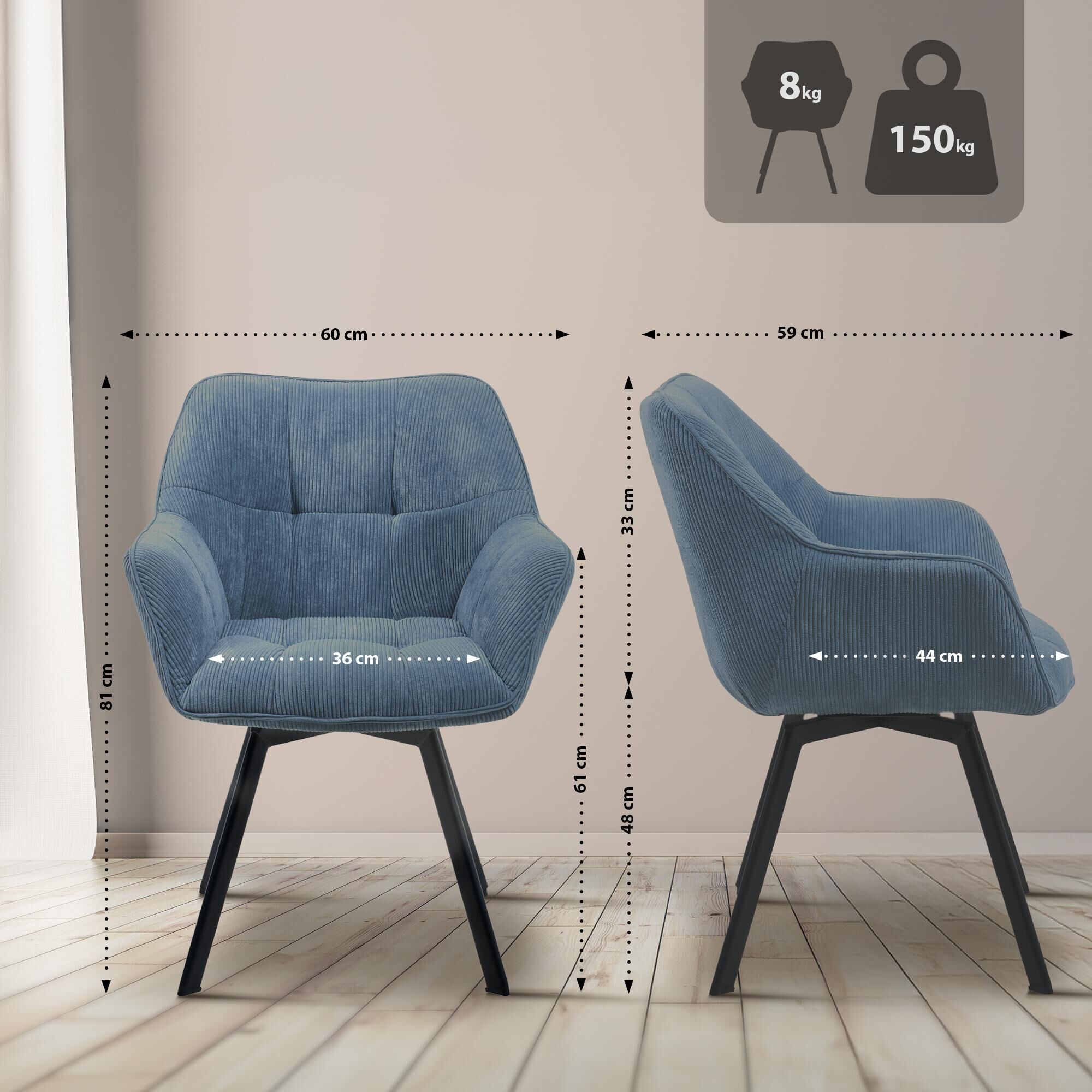 Esszimmerstuhl Jordi Cord, blau