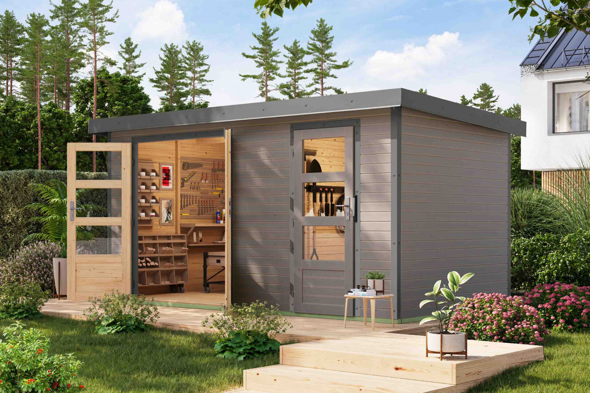 Karibu Pultdach Holz & Metall Gartenhaus Merkur, naturbelassen / graualuminium
