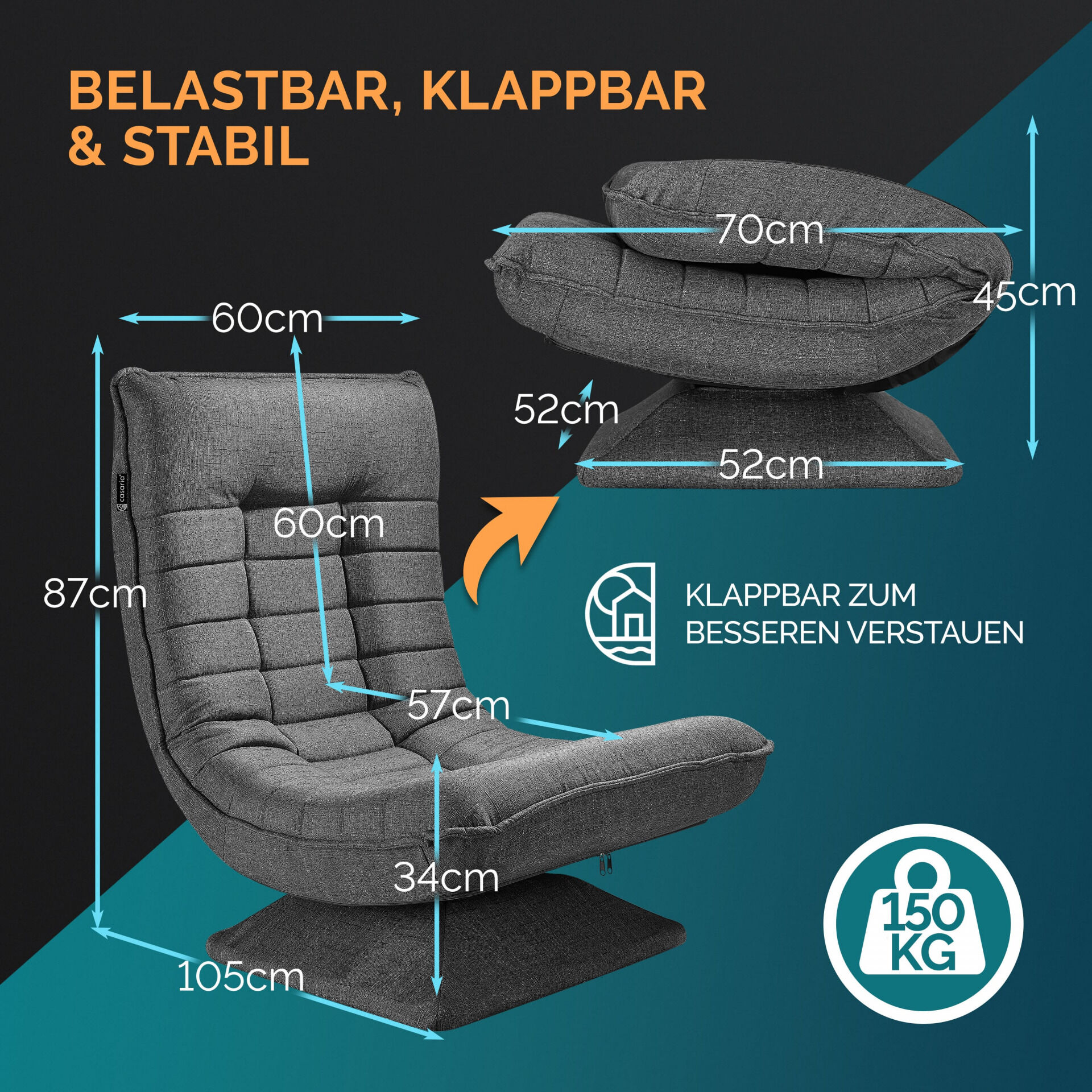 Sessel Aberdeen Grau Stoff 5fach verstellbar 360 Grad drehbar klappbar
