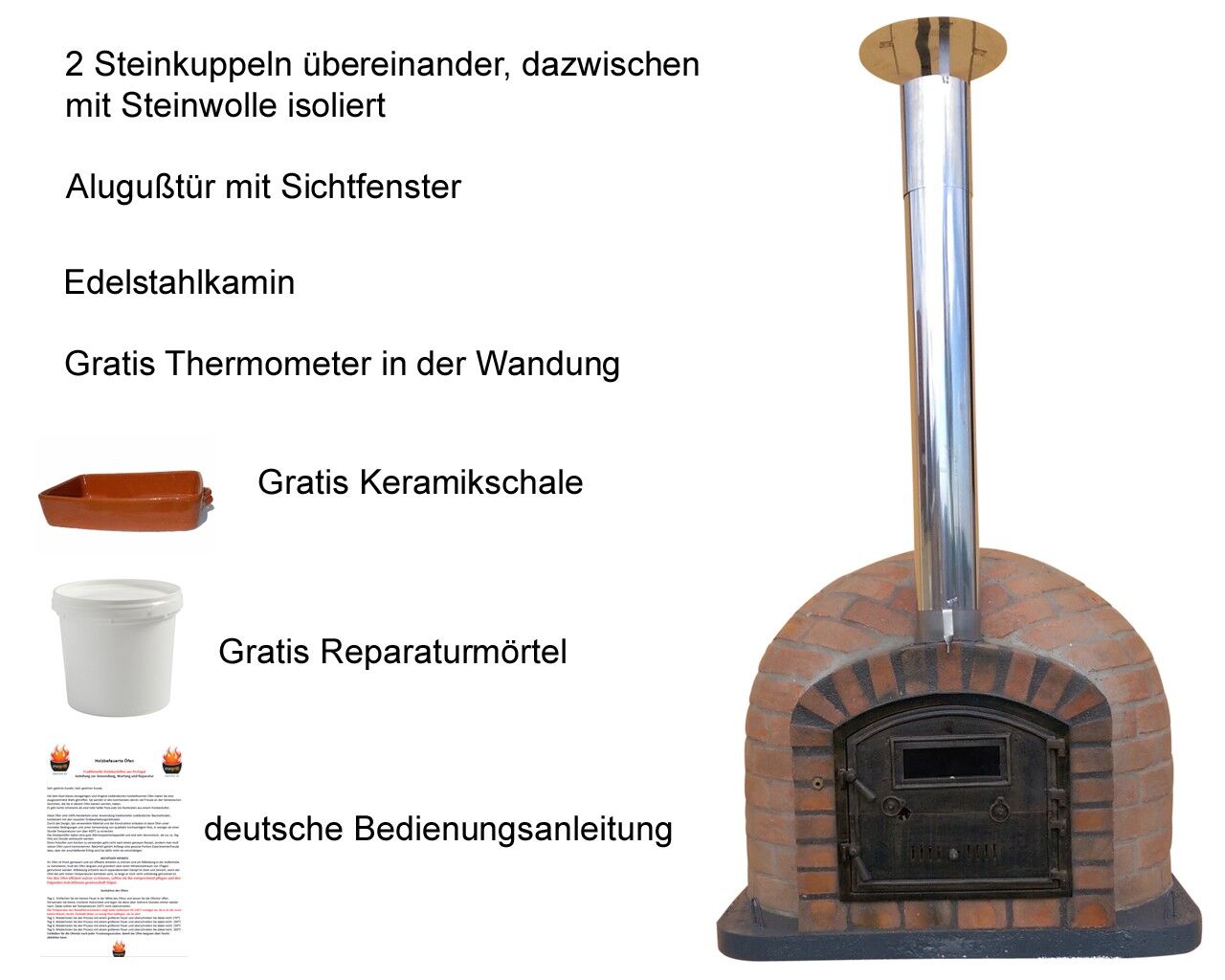Traditioneller Backofen Rustic AL 110 inkl. Kaminrohr und Regenhut aus Edelstahl, weiß, ohne Abdeckhaube, ohne Ofenzubehör, ohne Zubehörset, ohne Grillzubehör, ohne fahrbares Gestell