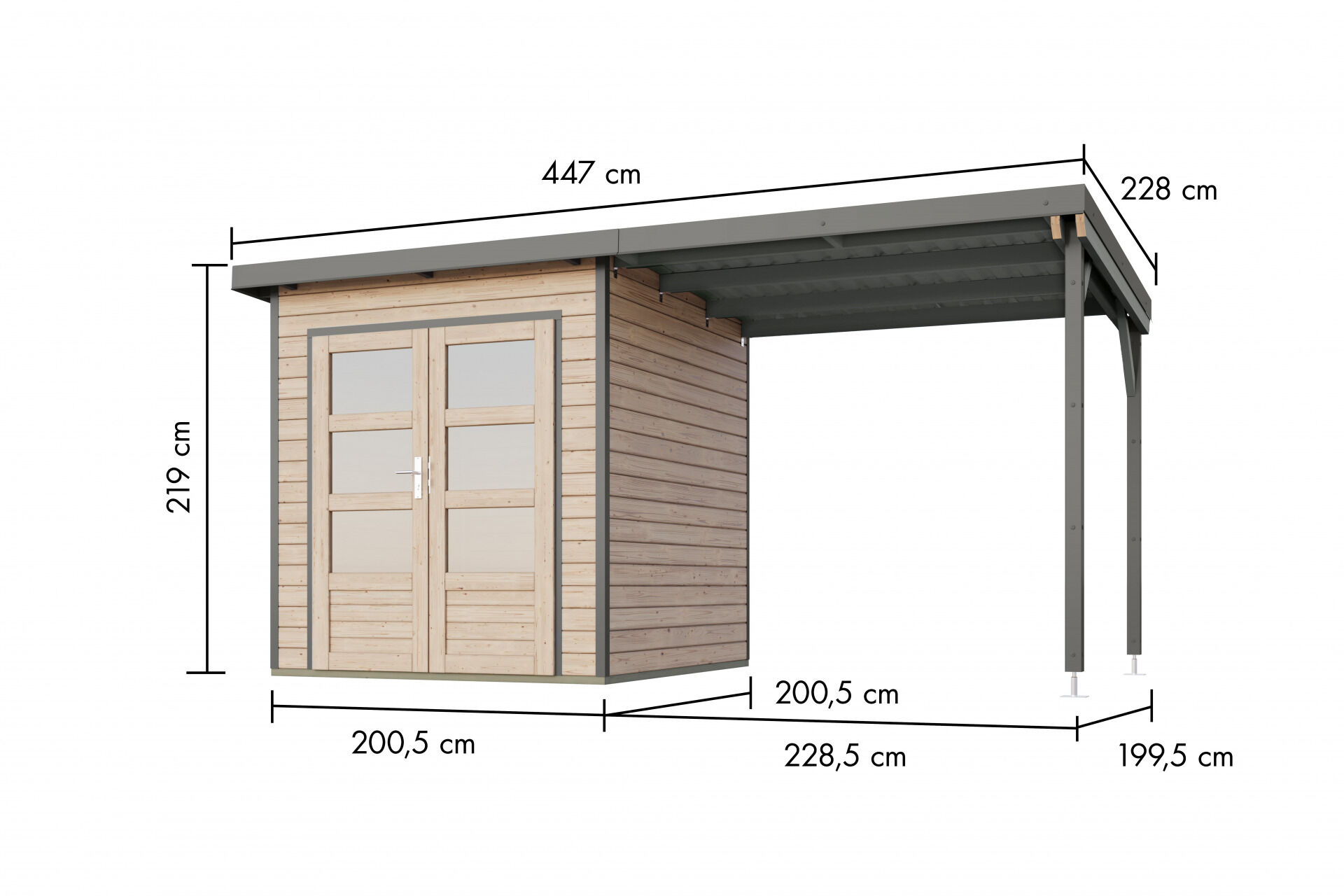 Karibu Pultdach Holz & Metall Gartenhaus Pluto 1 Set mit Anbaudach 2,33 m, naturbelassen / graualuminium