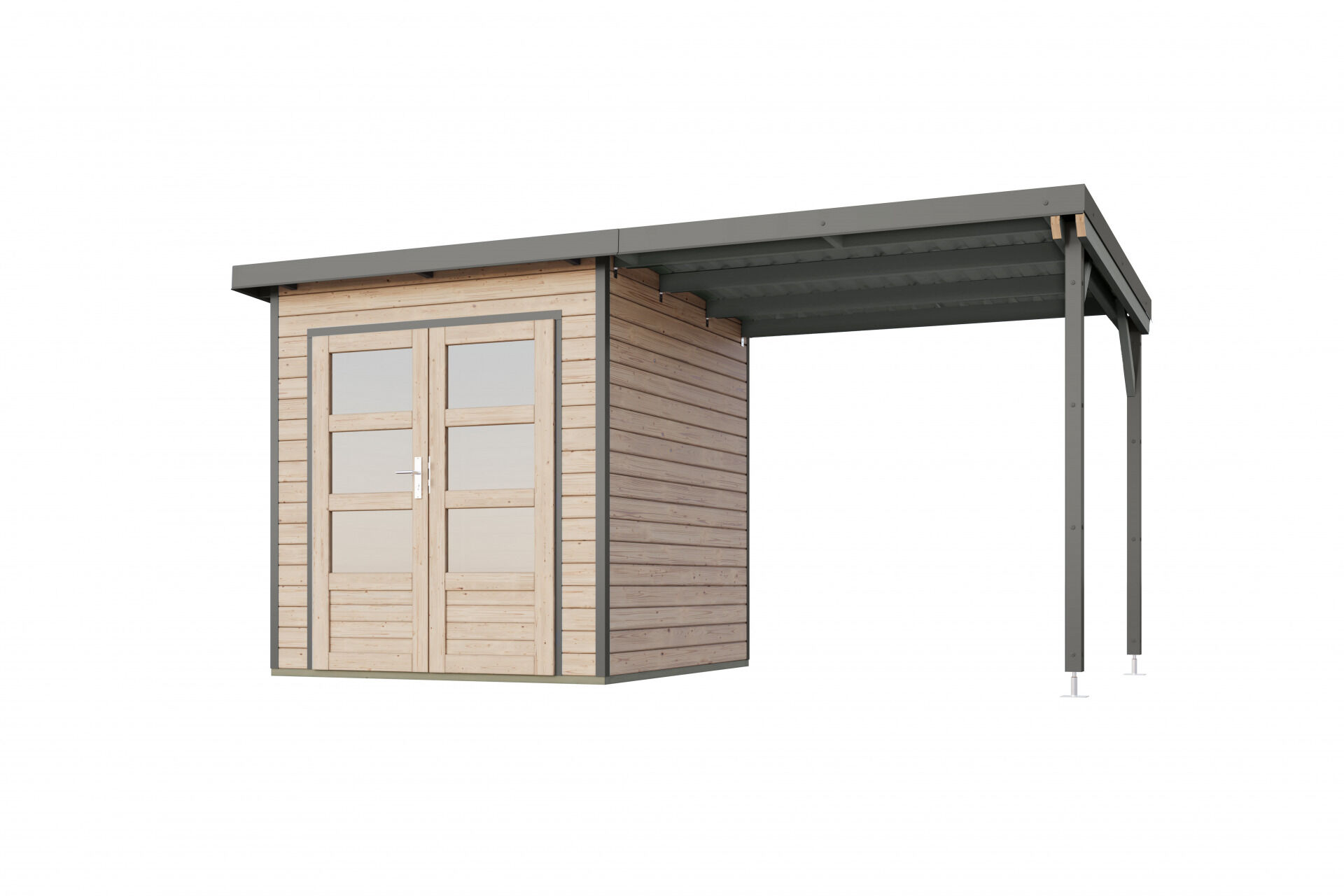 Karibu Pultdach Holz & Metall Gartenhaus Pluto 1 Set mit Anbaudach 2,33 m, naturbelassen / graualuminium