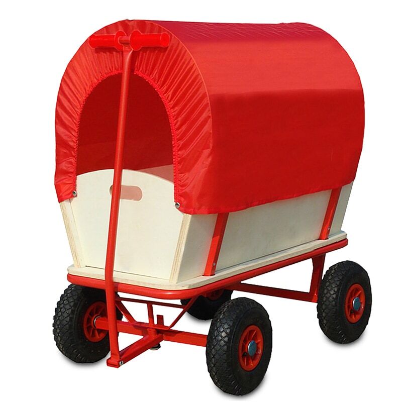 Bollerwagen Braun/Rot Holz 168x99x61cm mit Schutzdach