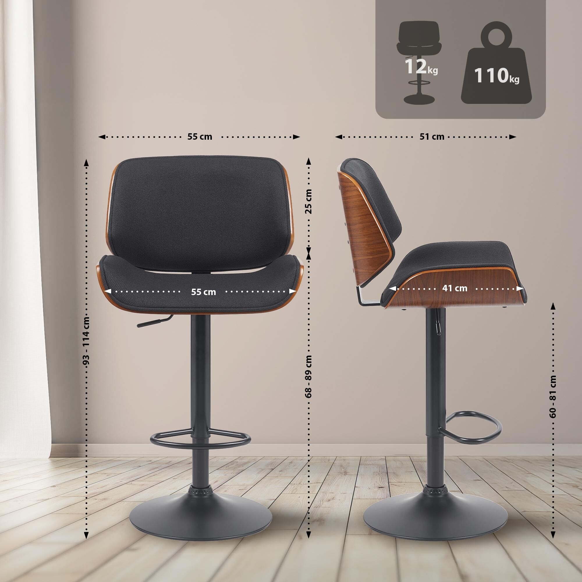 Barhocker Beverley B Stoff, walnuss/schwarz