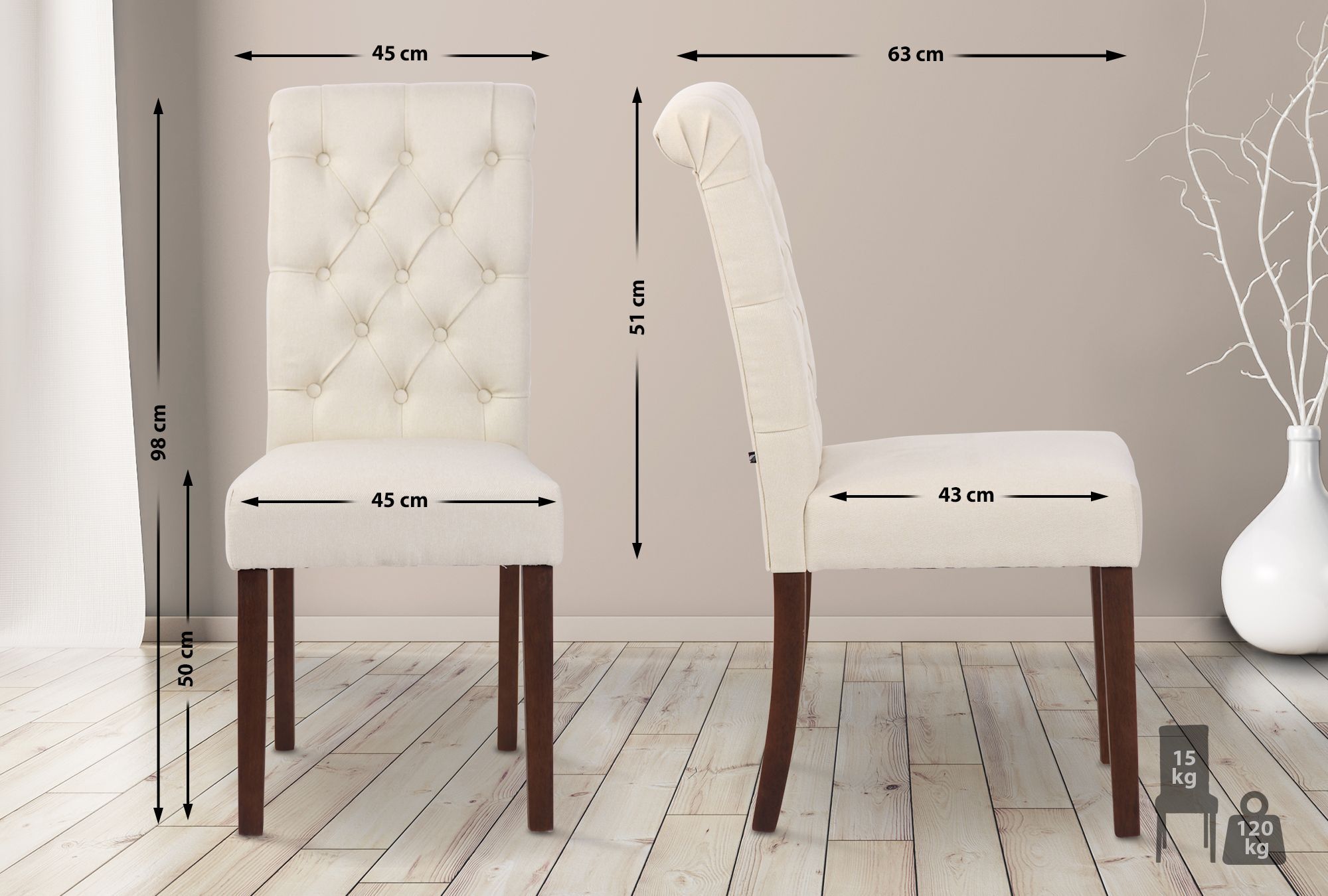 2er Set Esszimmerstühle Lisburn Stoff, creme