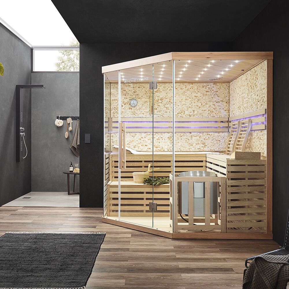 Traditionelle Sauna mit Kunststeinwand SKYLINE BIG XL - 200 x 200 cm für 6 Personen