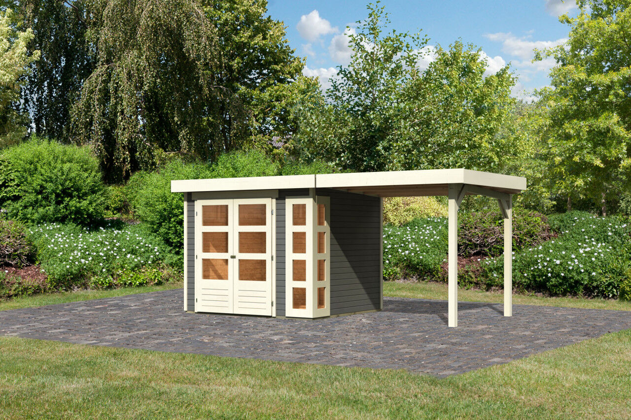 Flachdach Gartenhaus Kerko 3 im Set mit Anbaudach 2,40 m terragrau