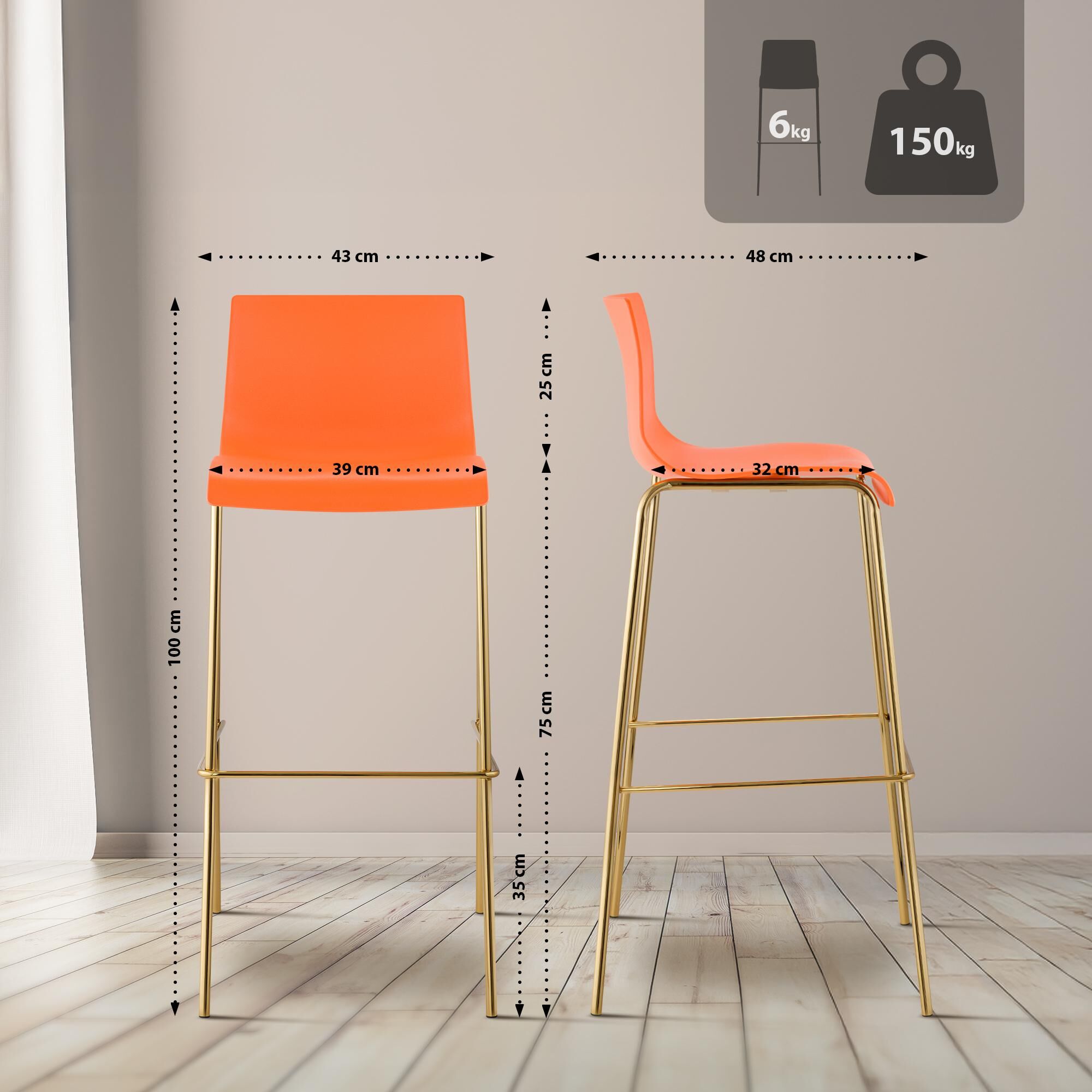 2er Set Barhocker Hoover Kunststoff 4-Fuß Gold, orange