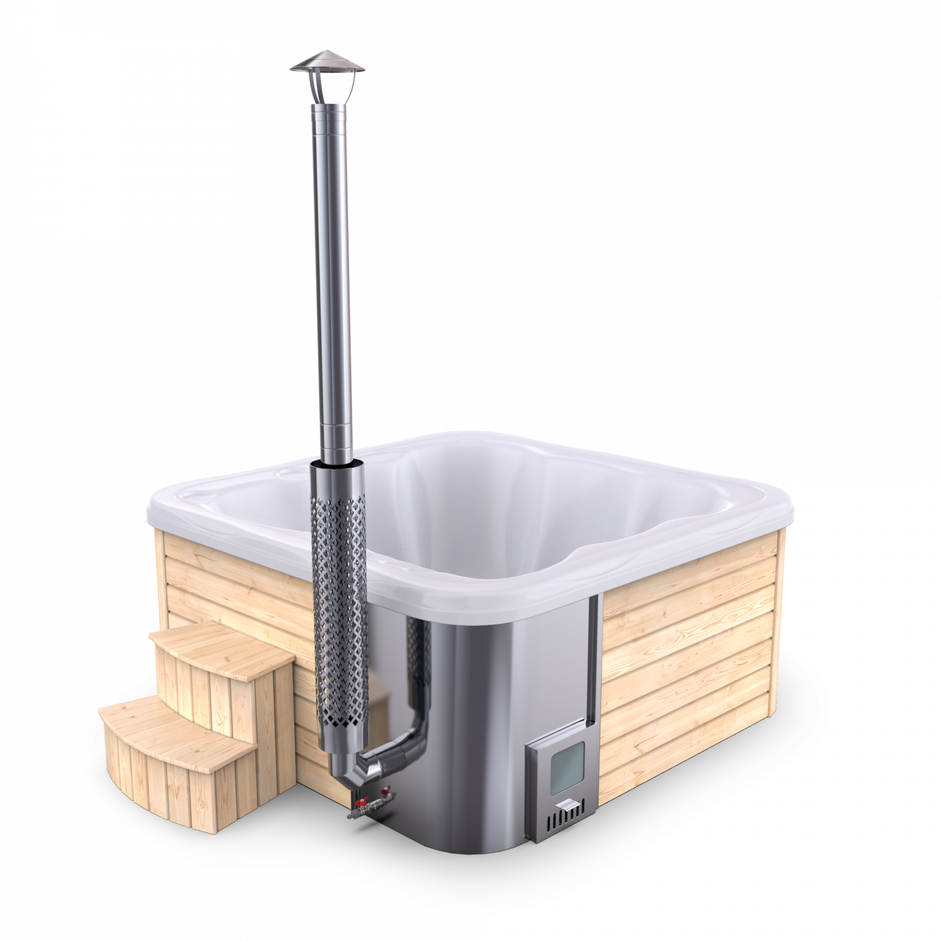 SPANOVA Hot Tub Premium 220 – Fichte Whirlpool mit integriertem Holzofen & Acrylwanne, Weiß marmoriert, Holzofen - 35kw V2A