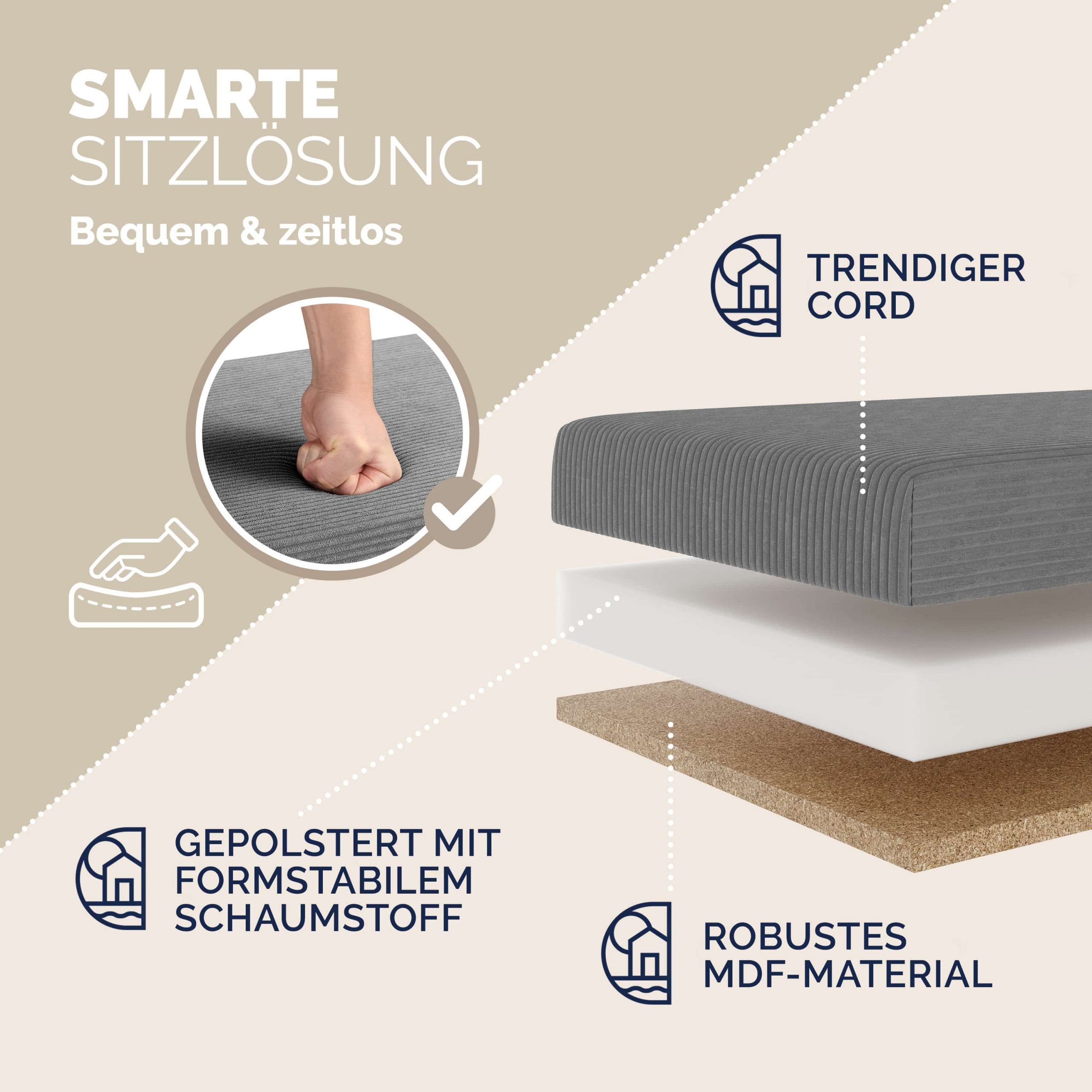 Sitzbank Anthrazit Cord 114x38x38cm MDF faltbar