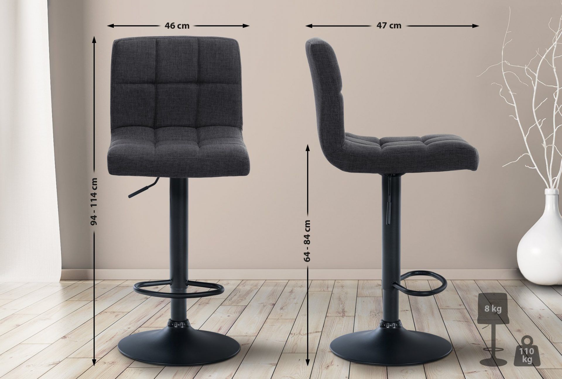 2er Set Barhocker Calma Stoff schwarz, dunkelgrau